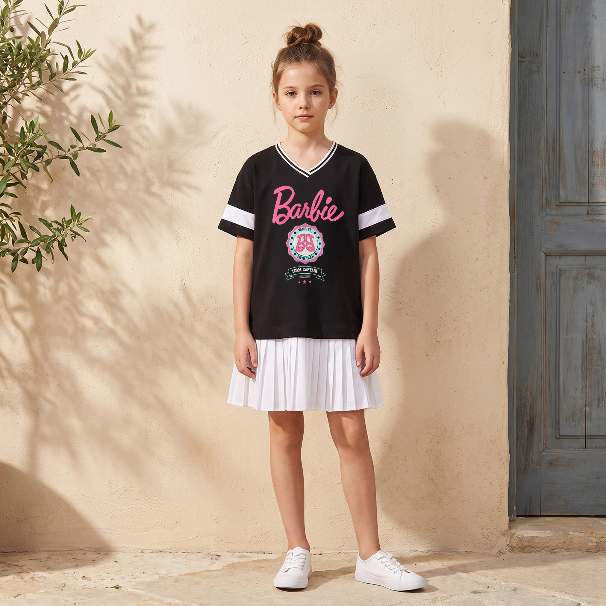 V-neck Short Sleeves Knee Length Drop Waist Dress with Barbie Print-girls-clothing-dressesandjumpsuits-image-5