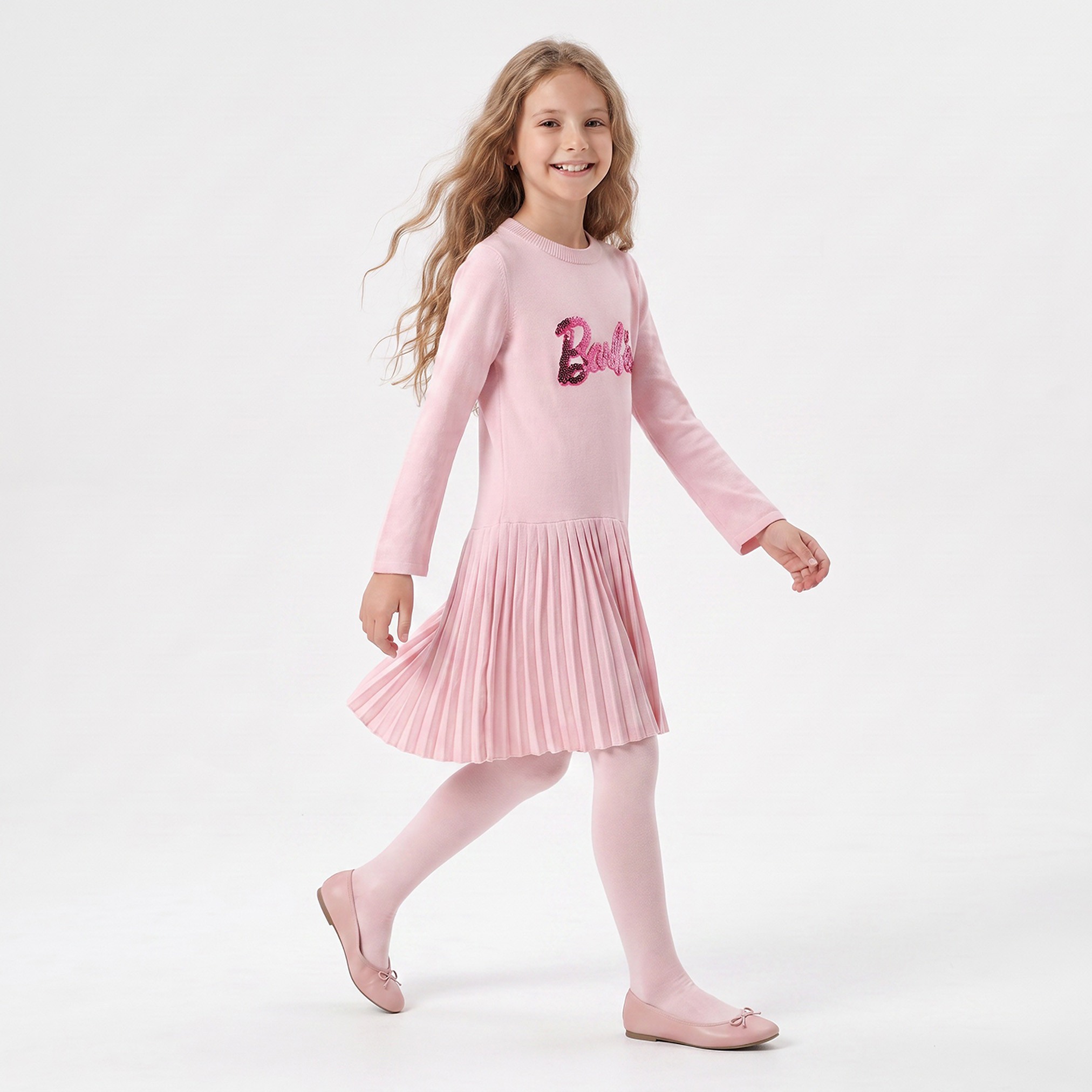 Round Neck Long Sleeves Knee Length Dress with Barbie Embellishment-girls-clothing-dressesandjumpsuits-image-1