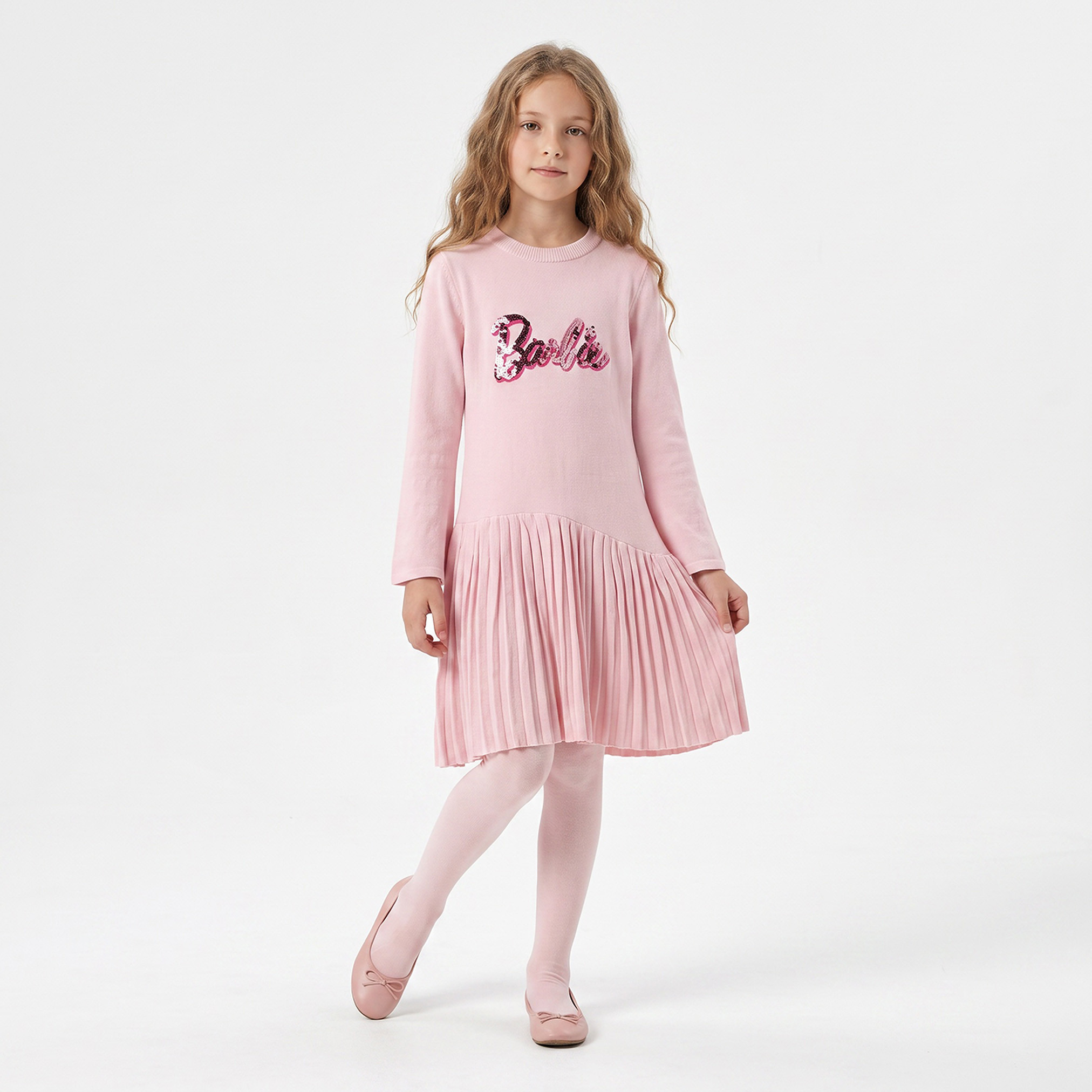 Round Neck Long Sleeves Knee Length Dress with Barbie Embellishment-girls-clothing-dressesandjumpsuits-image-3