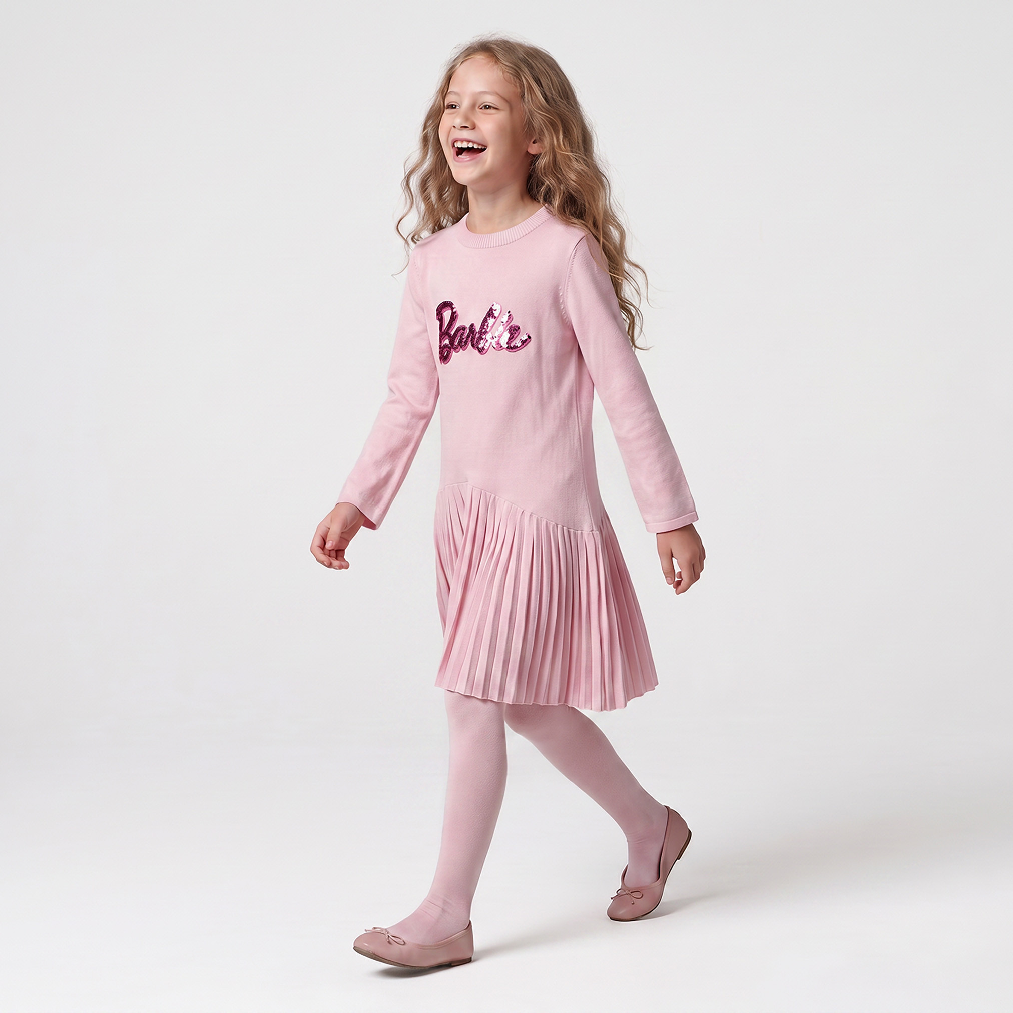 Round Neck Long Sleeves Knee Length Dress with Barbie Embellishment-girls-clothing-dressesandjumpsuits-image-5