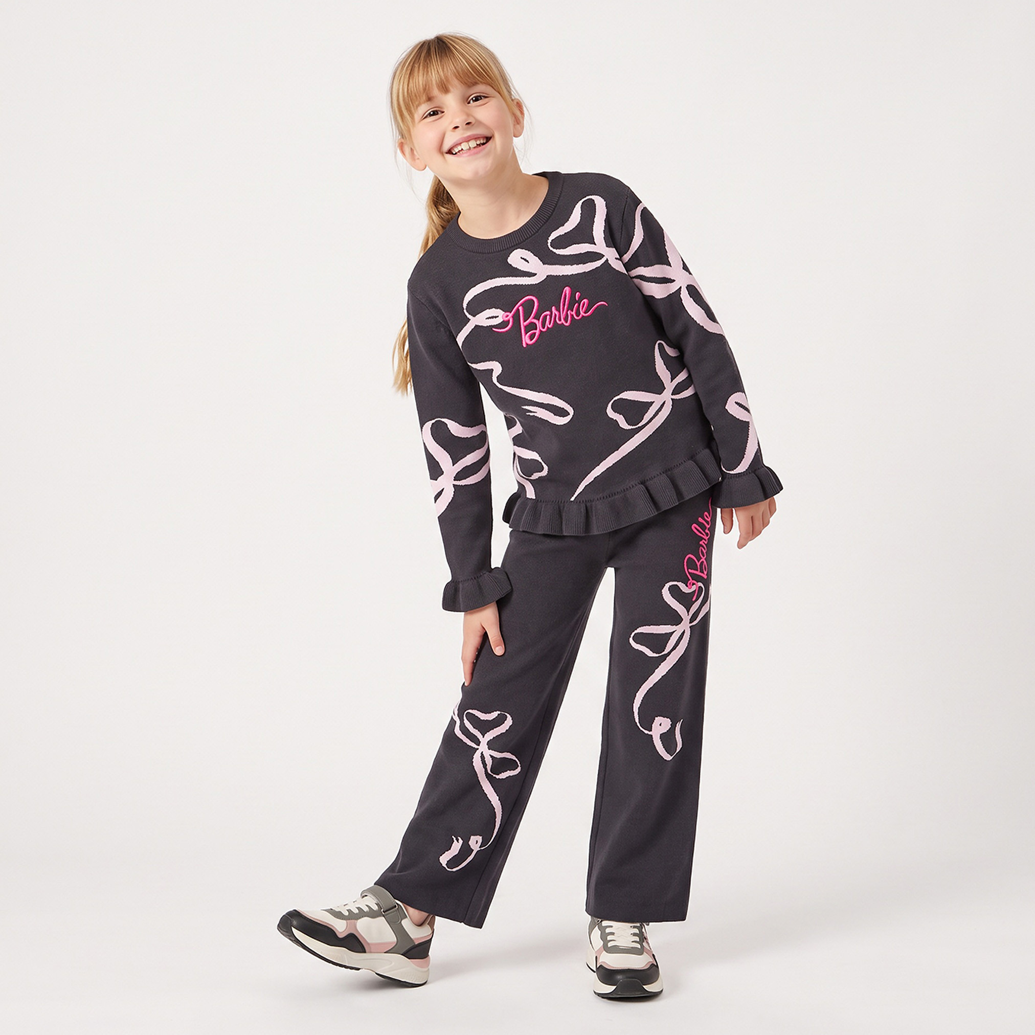 Crew Neck Long Sleeves Sweater and Pants Set with Barbie Embroidery-girls-clothing-setsandcoords-image-1