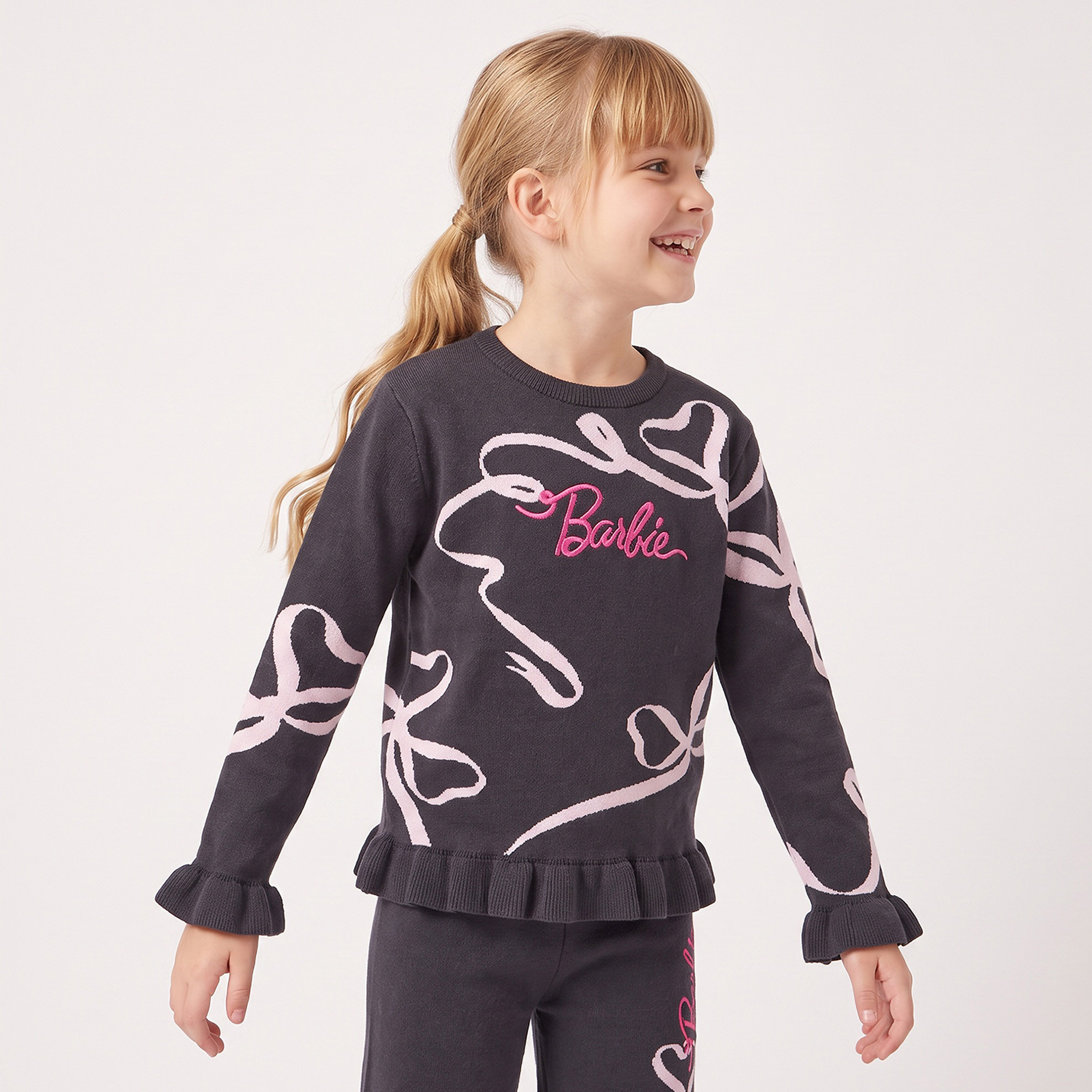 Crew Neck Long Sleeves Sweater and Pants Set with Barbie Embroidery-girls-clothing-setsandcoords-image-2