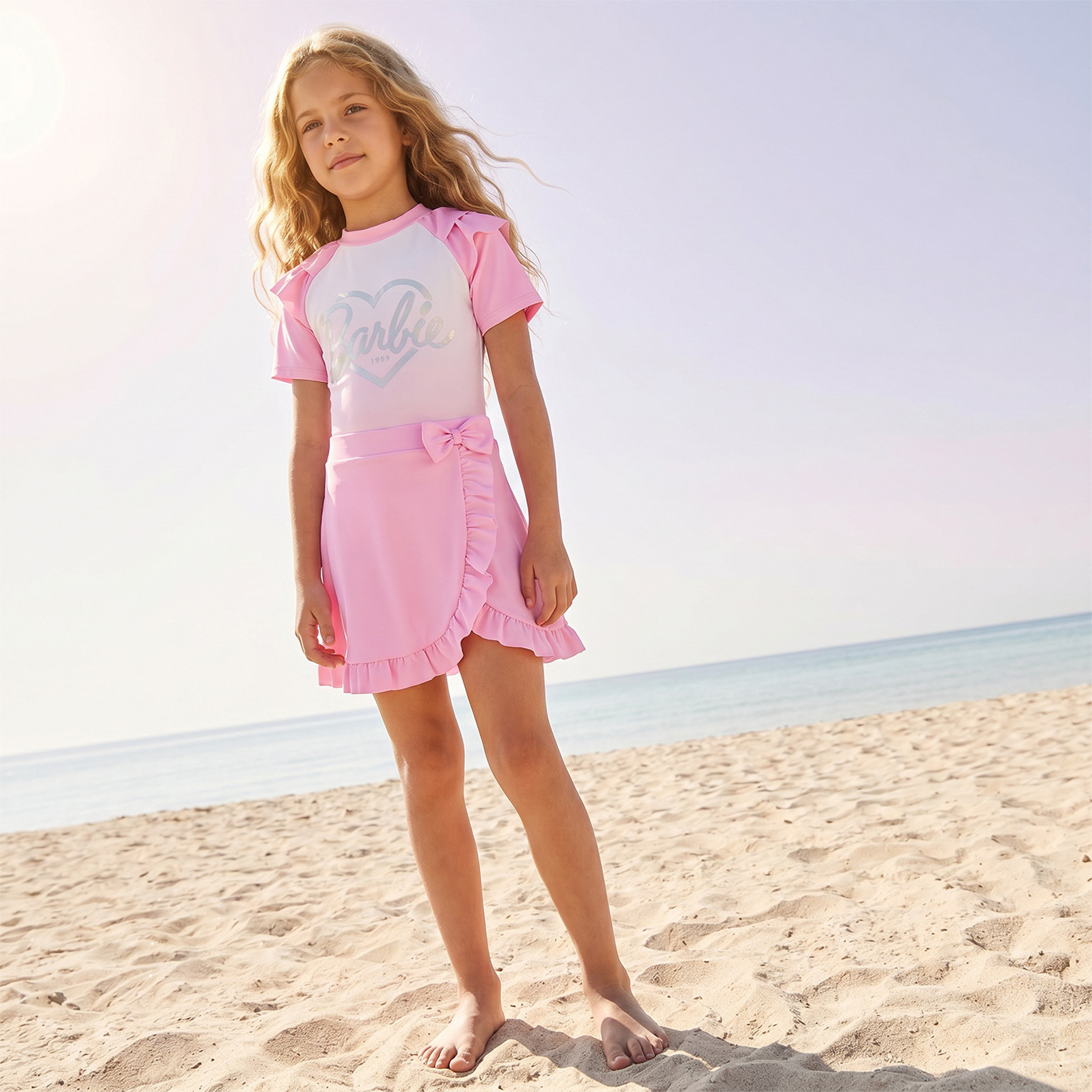 بدلة سباحة بطبعات باربي مع تنورة للبنات-boys-clothing-swimwear-image-1