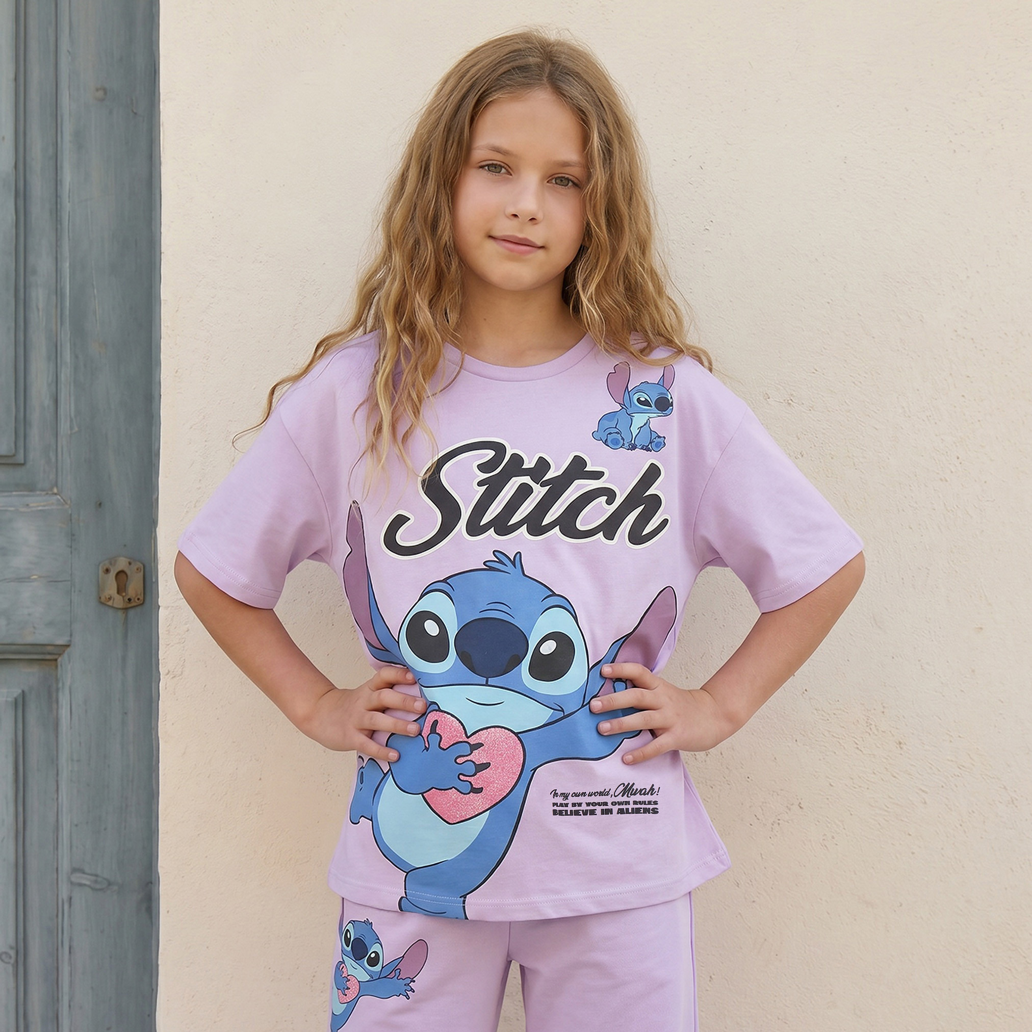 Disney Round Neck Short Sleeves T-shirt with Stitch Print-girls-clothing-tshirts-image-1