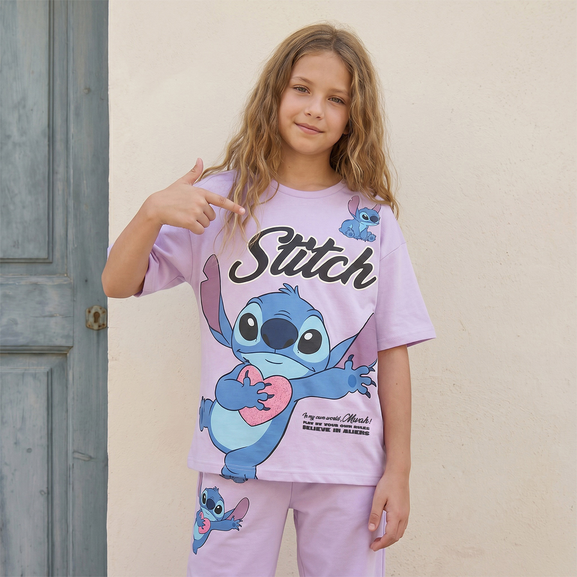 Disney Round Neck Short Sleeves T-shirt with Stitch Print-girls-clothing-tshirts-image-6