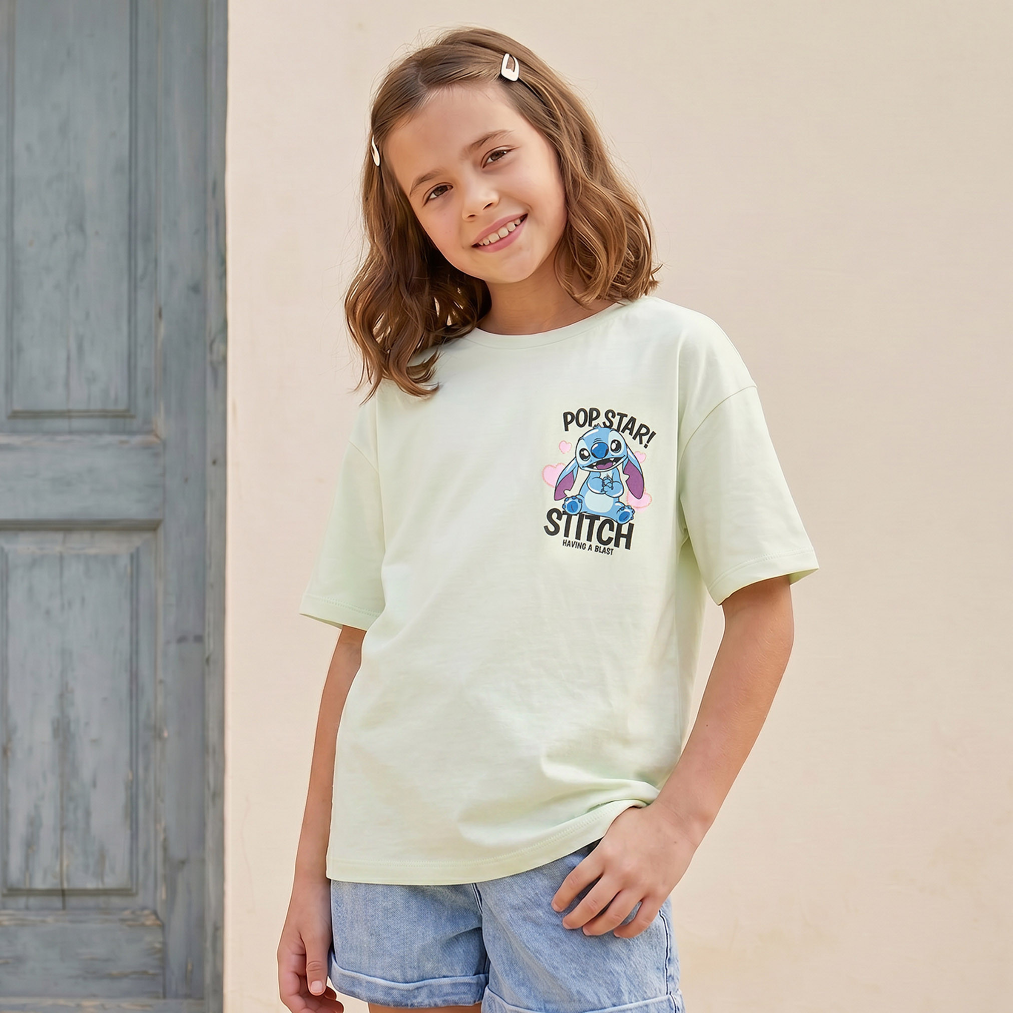 Disney Crew Neck Short Sleeves T-shirt with Stitch Print-girls-clothing-tshirts-image-1