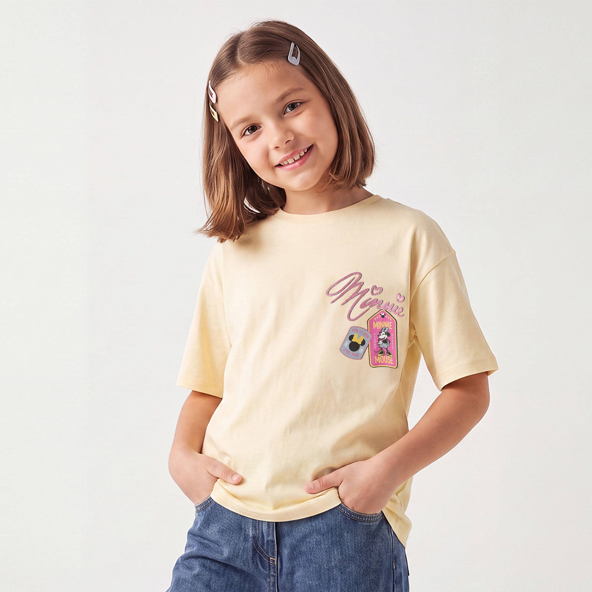 تيشيرت بياقة ضيقة بأكمام قصيرة وطبعات ميني ماوس من ديزني-girls-clothing-tshirts-image-2