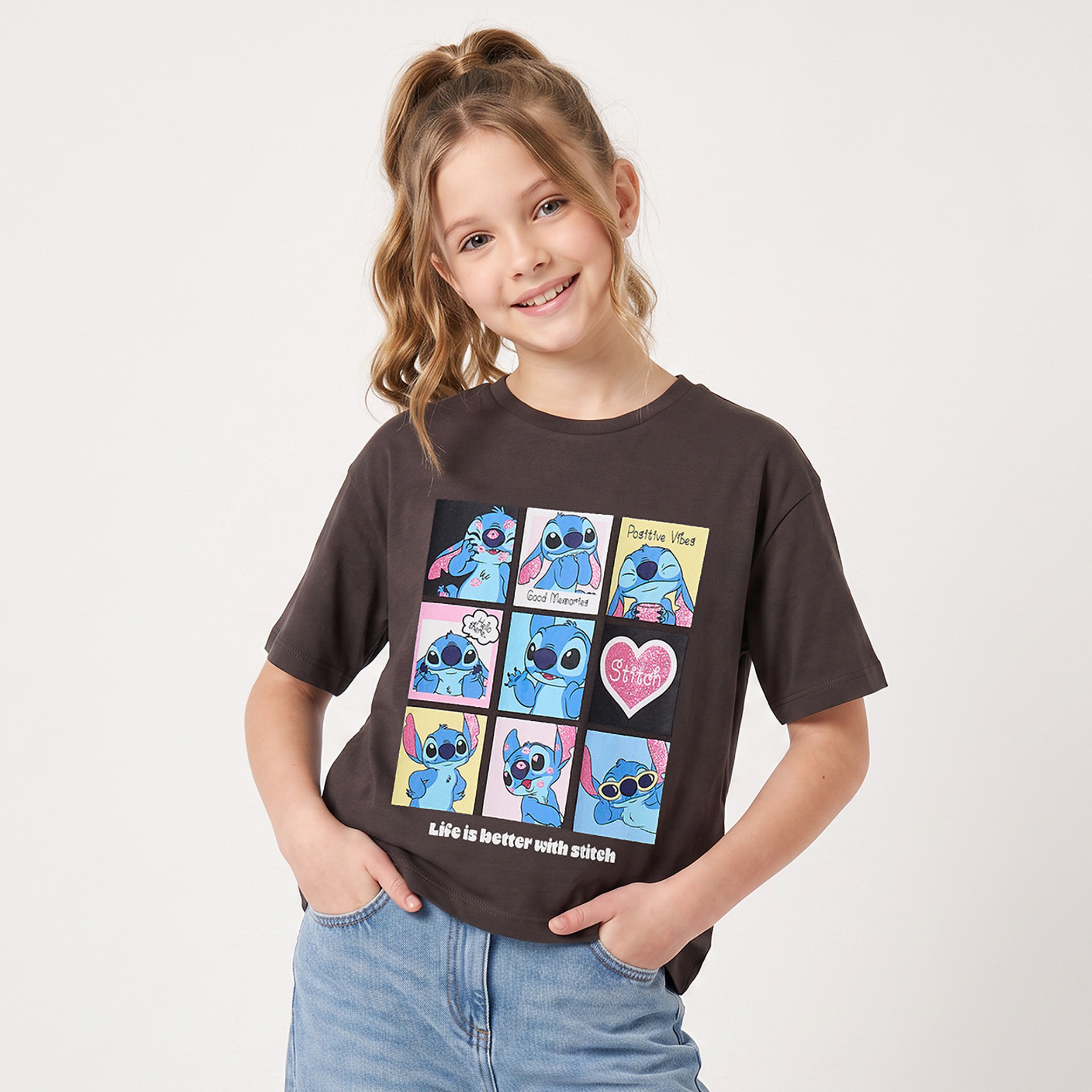 Disney Crew Neck Short Sleeves T-shirt with Stitch Print-girls-clothing-tshirts-image-1