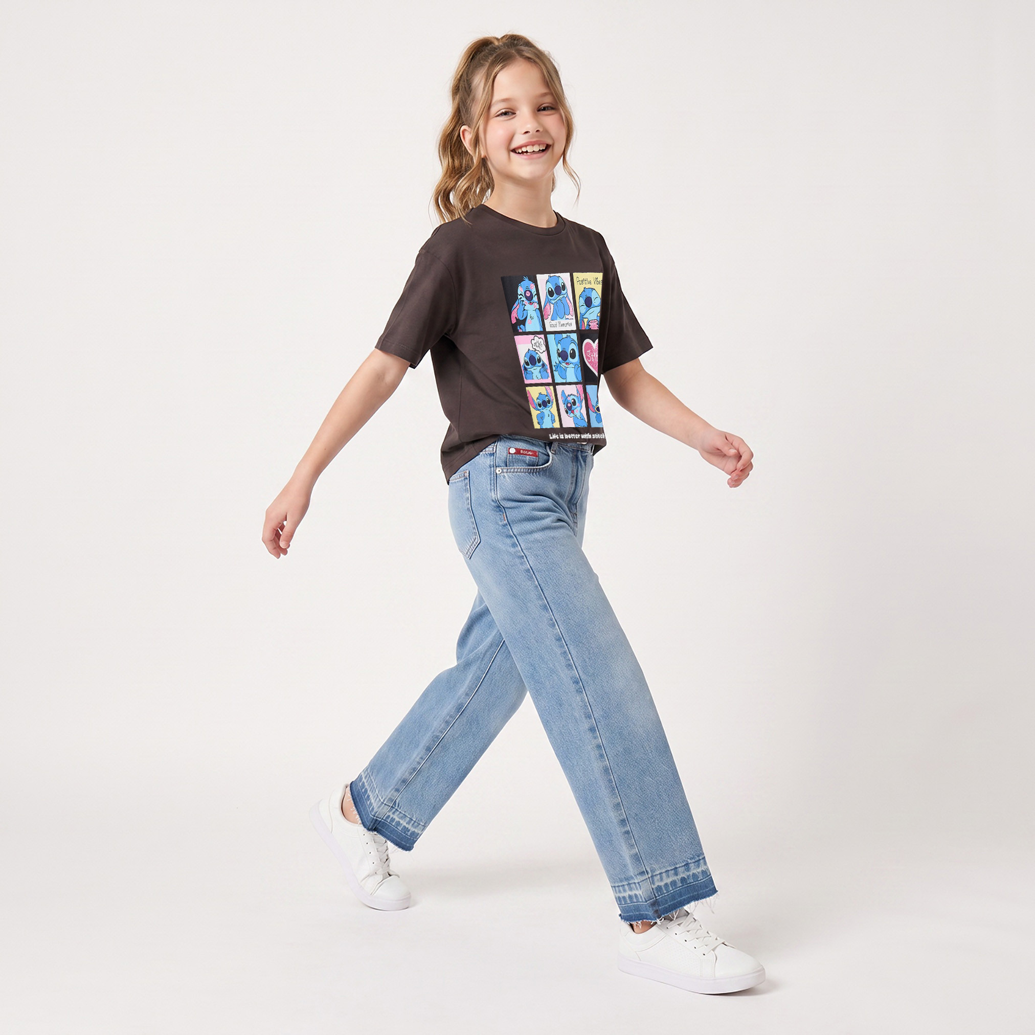 Disney Crew Neck Short Sleeves T-shirt with Stitch Print-girls-clothing-tshirts-image-5