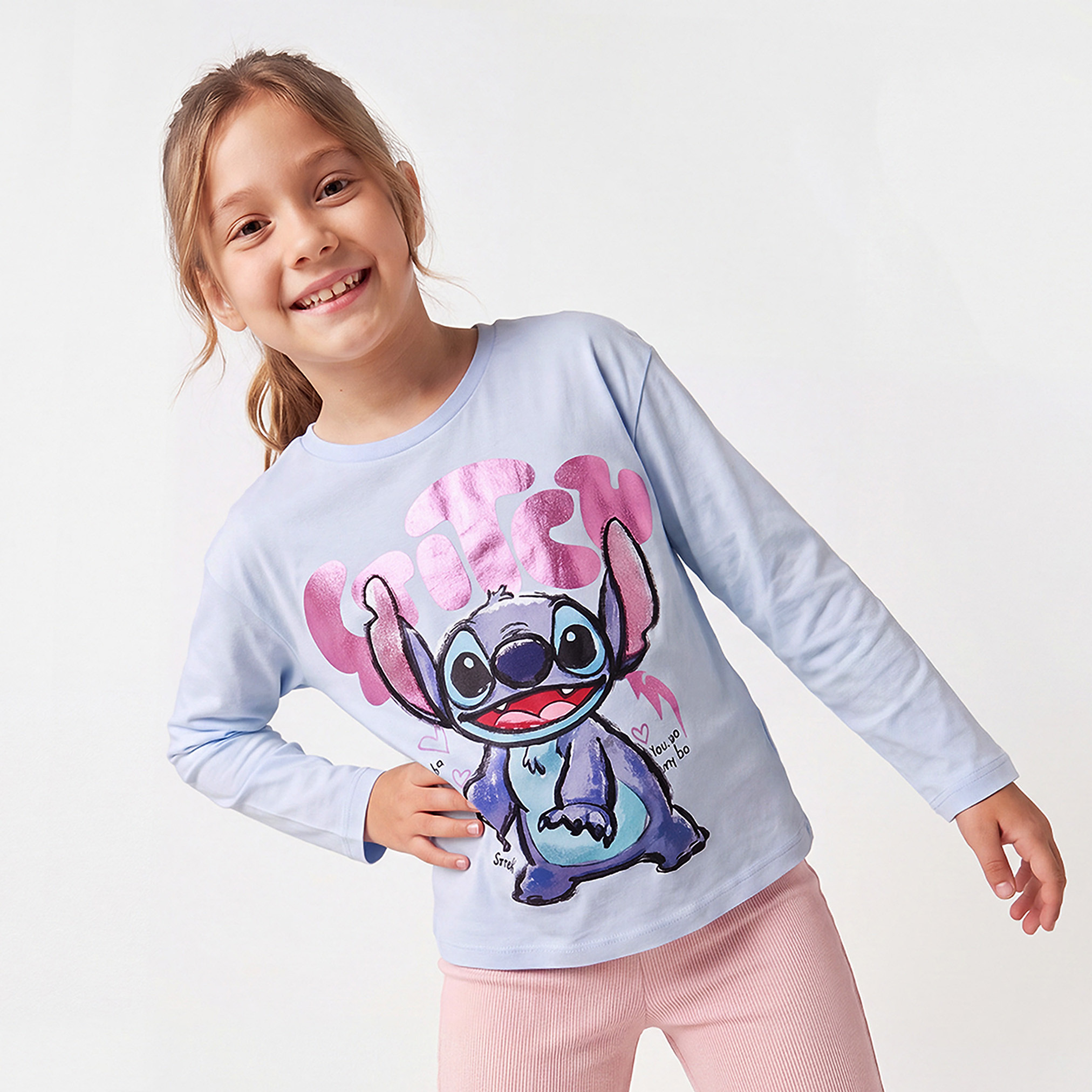Disney Crew Neck Long Sleeves T-shirt with Stitch Print-girls-clothing-tshirts-image-1