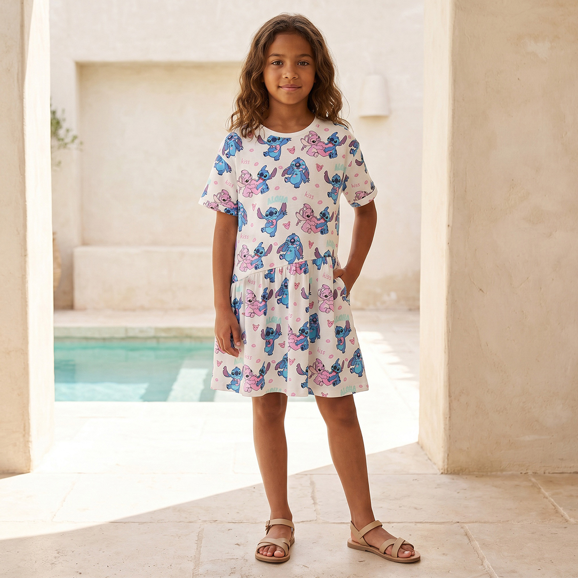 Disney Round Neck Short Sleeves Knee Length A-line Dress with Angel and Stitch Print-girls-clothing-dressesandjumpsuits-image-1