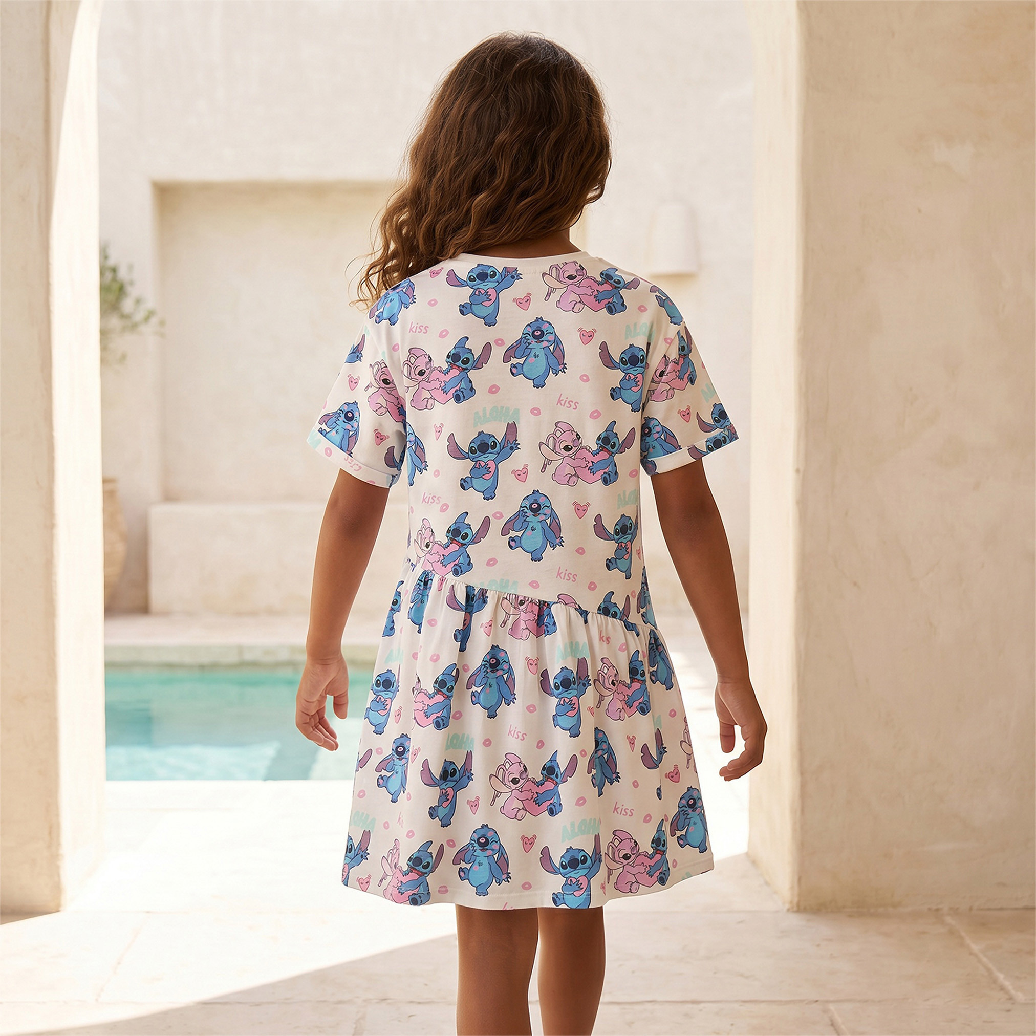 Disney Round Neck Short Sleeves Knee Length A-line Dress with Angel and Stitch Print-girls-clothing-dressesandjumpsuits-image-2