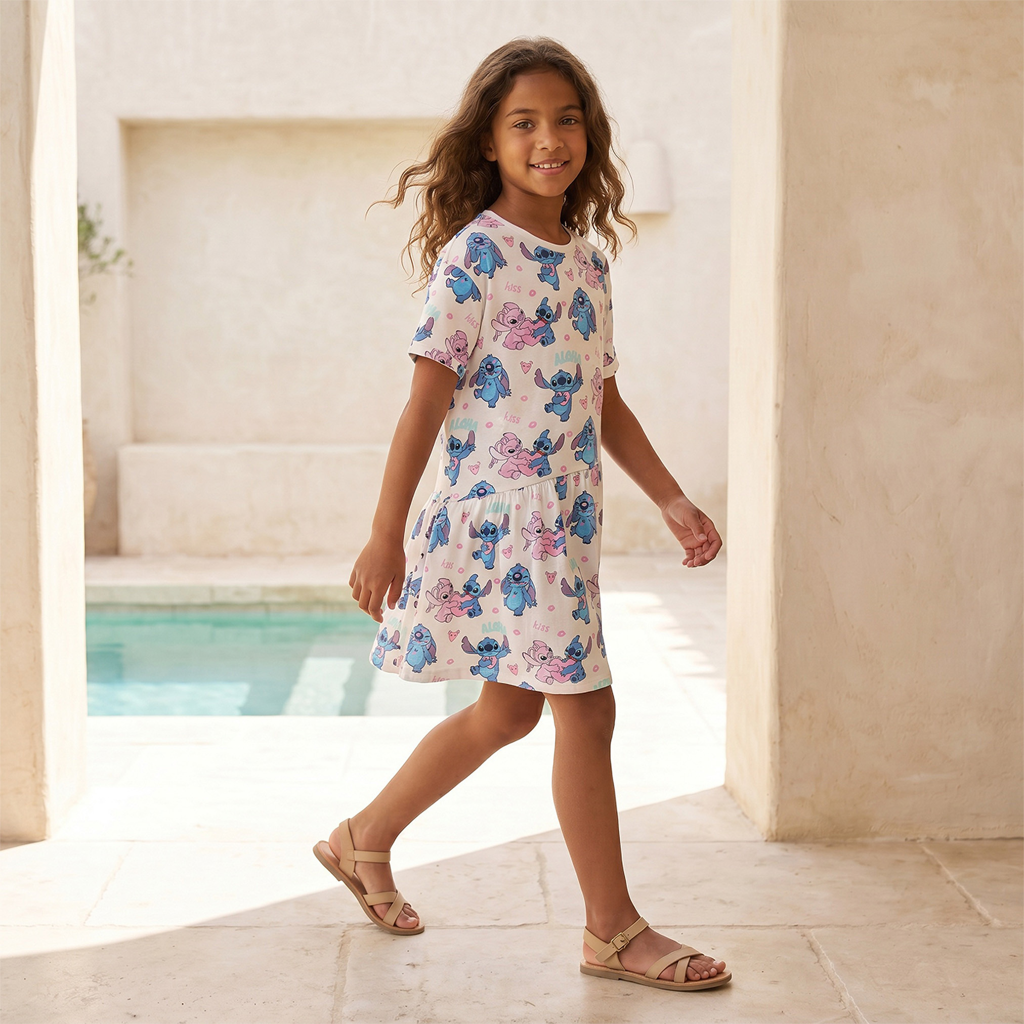 Disney Round Neck Short Sleeves Knee Length A-line Dress with Angel and Stitch Print-girls-clothing-dressesandjumpsuits-image-4