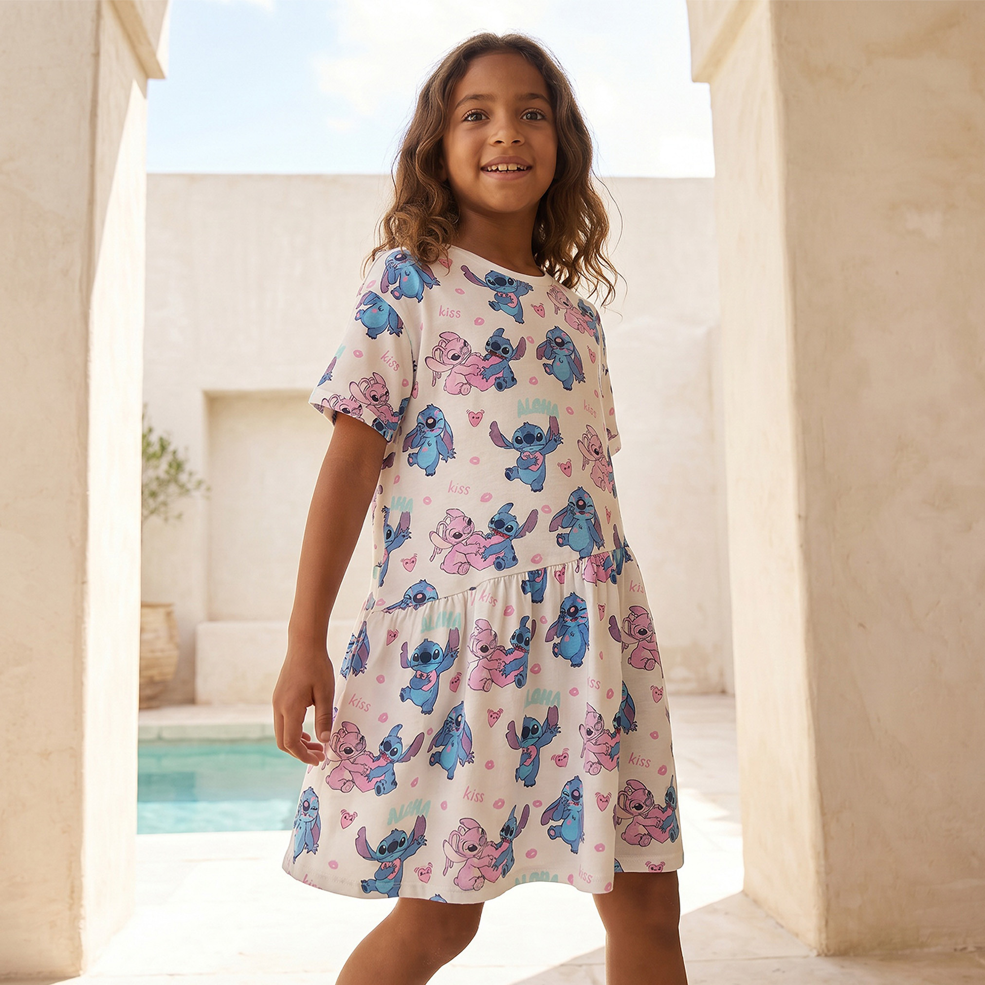 Disney Round Neck Short Sleeves Knee Length A-line Dress with Angel and Stitch Print-girls-clothing-dressesandjumpsuits-image-5