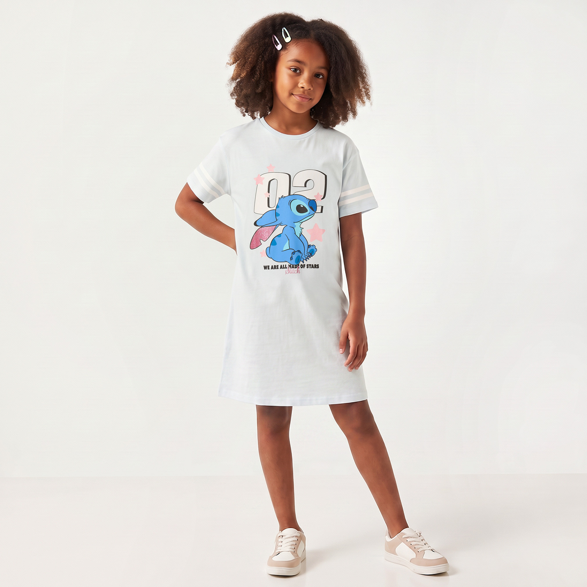 Disney Round Neck Short Sleeves Knee Length T-shirt Dress with Stitch Print-girls-clothing-dressesandjumpsuits-image-1