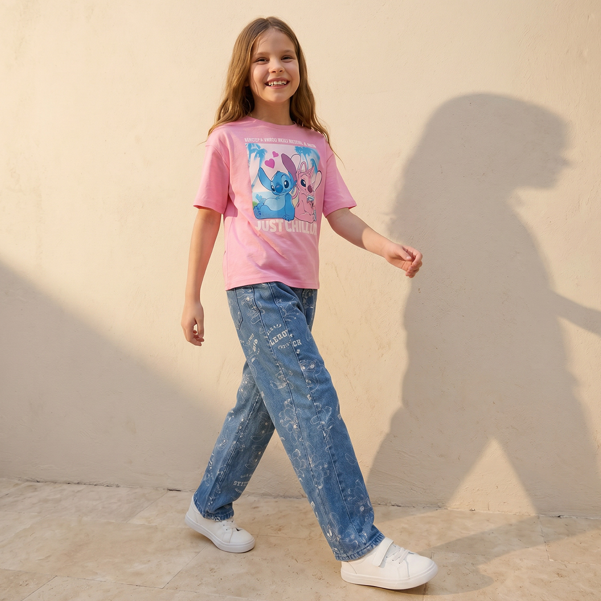 بنطلون جينز بخصر متوسط الارتفاع وطبعات ستيتش من ديزني-girls-clothing-bottoms-jeansandjoggers-image-2
