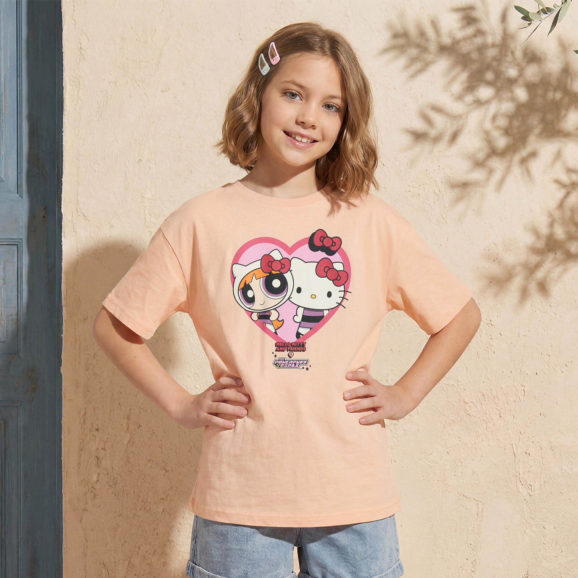 Crew Neck Short Sleeves T-shirt with Powerpuff Girls and Hello Kitty Print-girls-clothing-tshirts-image-1