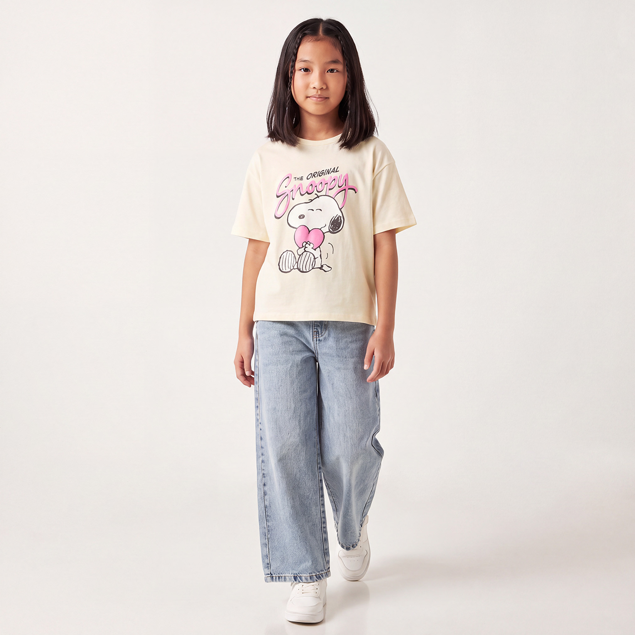 Crew Neck Short Sleeves T-shirt with Snoopy Print-girls-clothing-tshirts-image-2
