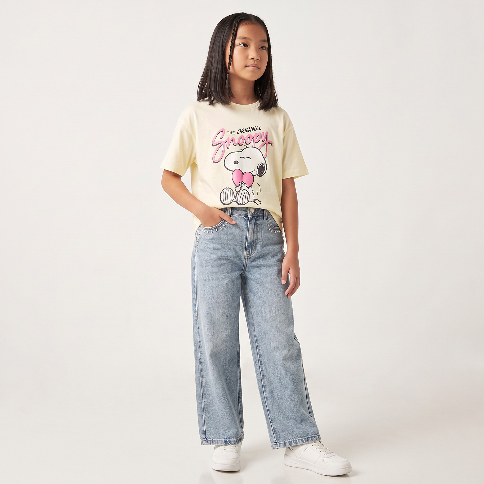 Crew Neck Short Sleeves T-shirt with Snoopy Print-girls-clothing-tshirts-image-4
