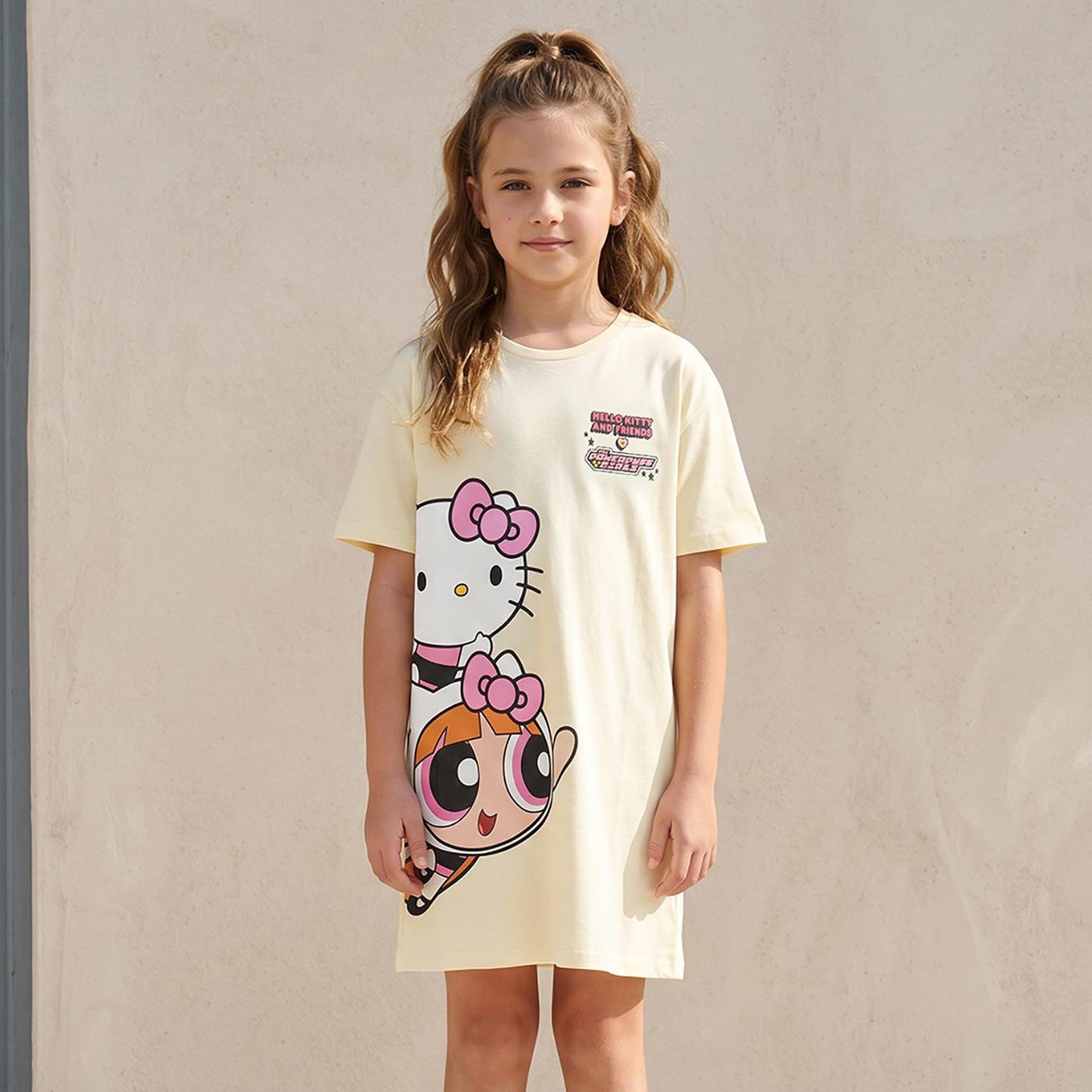 Crew Neck Short Sleeves Knee Length Dress with Hello Kitty and Powerpuff Girls Print-girls-clothing-dressesandjumpsuits-image-1