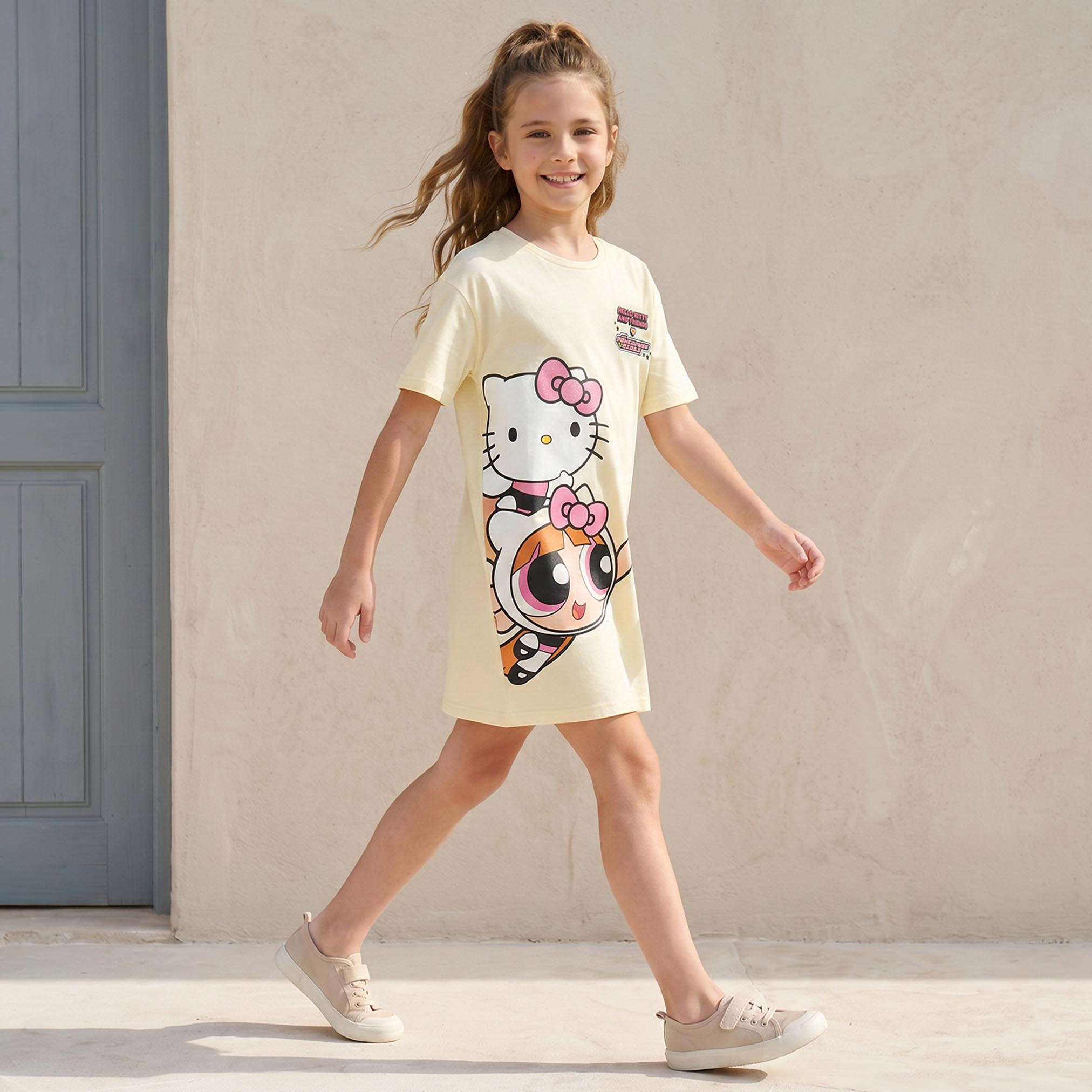 Crew Neck Short Sleeves Knee Length Dress with Hello Kitty and Powerpuff Girls Print-girls-clothing-dressesandjumpsuits-image-6