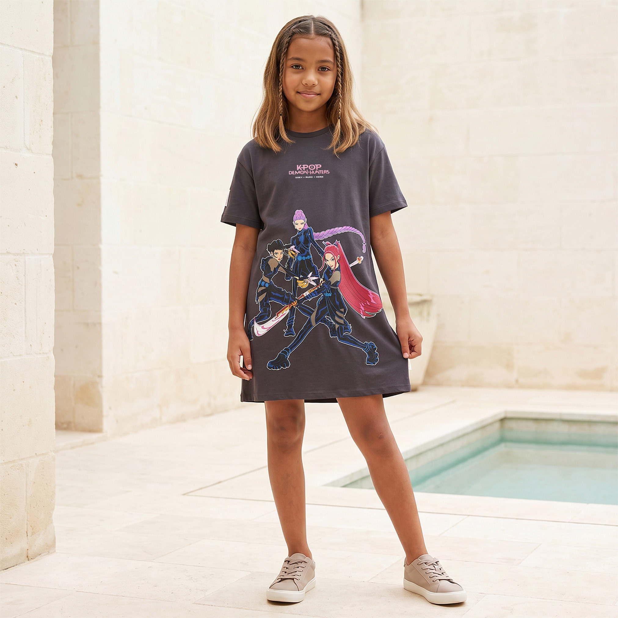 Disney Round Neck Short Sleeves Knee Length T-shirt Dress with KPop Demon Hunters Print-girls-clothing-dressesandjumpsuits-image-1