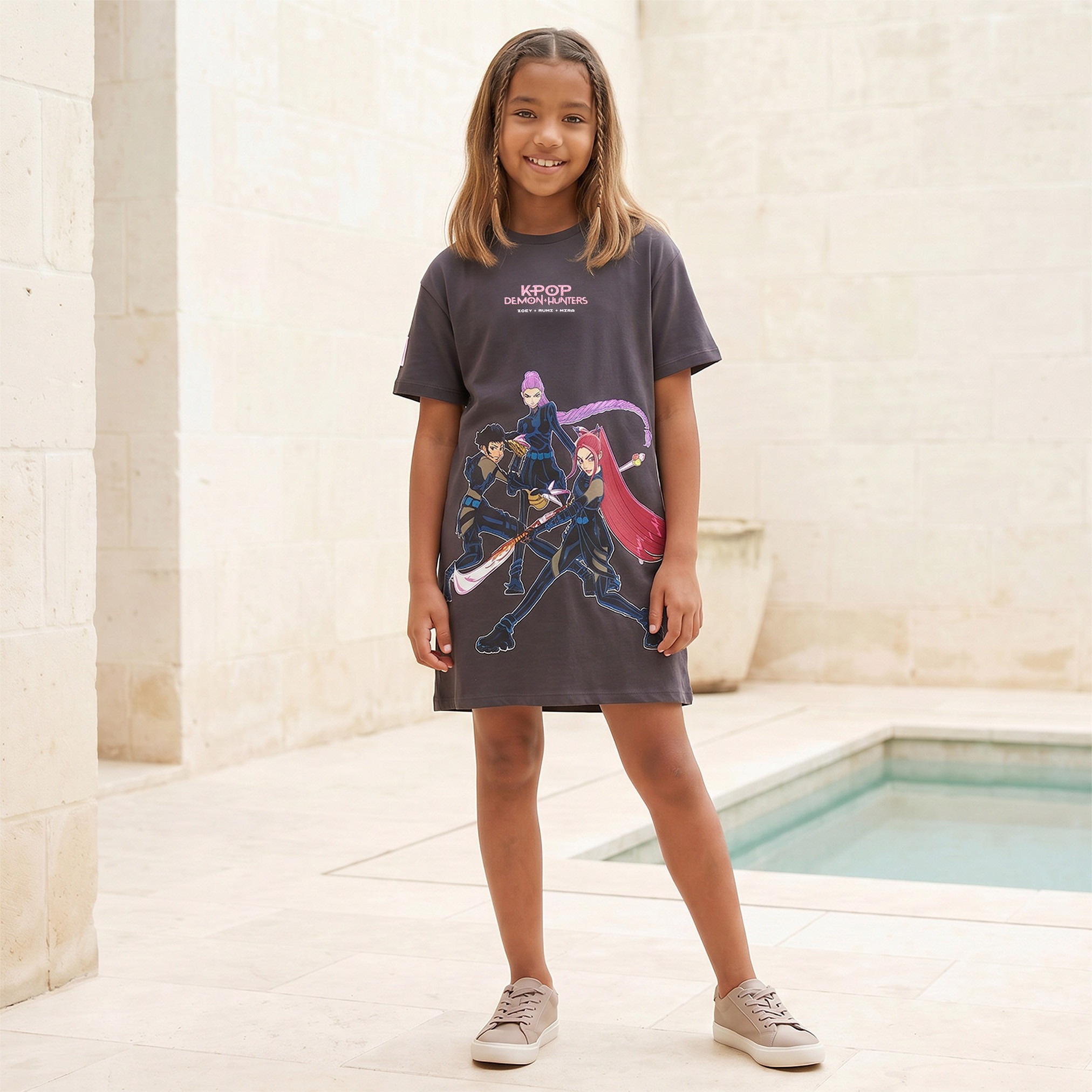 Disney Round Neck Short Sleeves Knee Length T-shirt Dress with KPop Demon Hunters Print-girls-clothing-dressesandjumpsuits-image-4