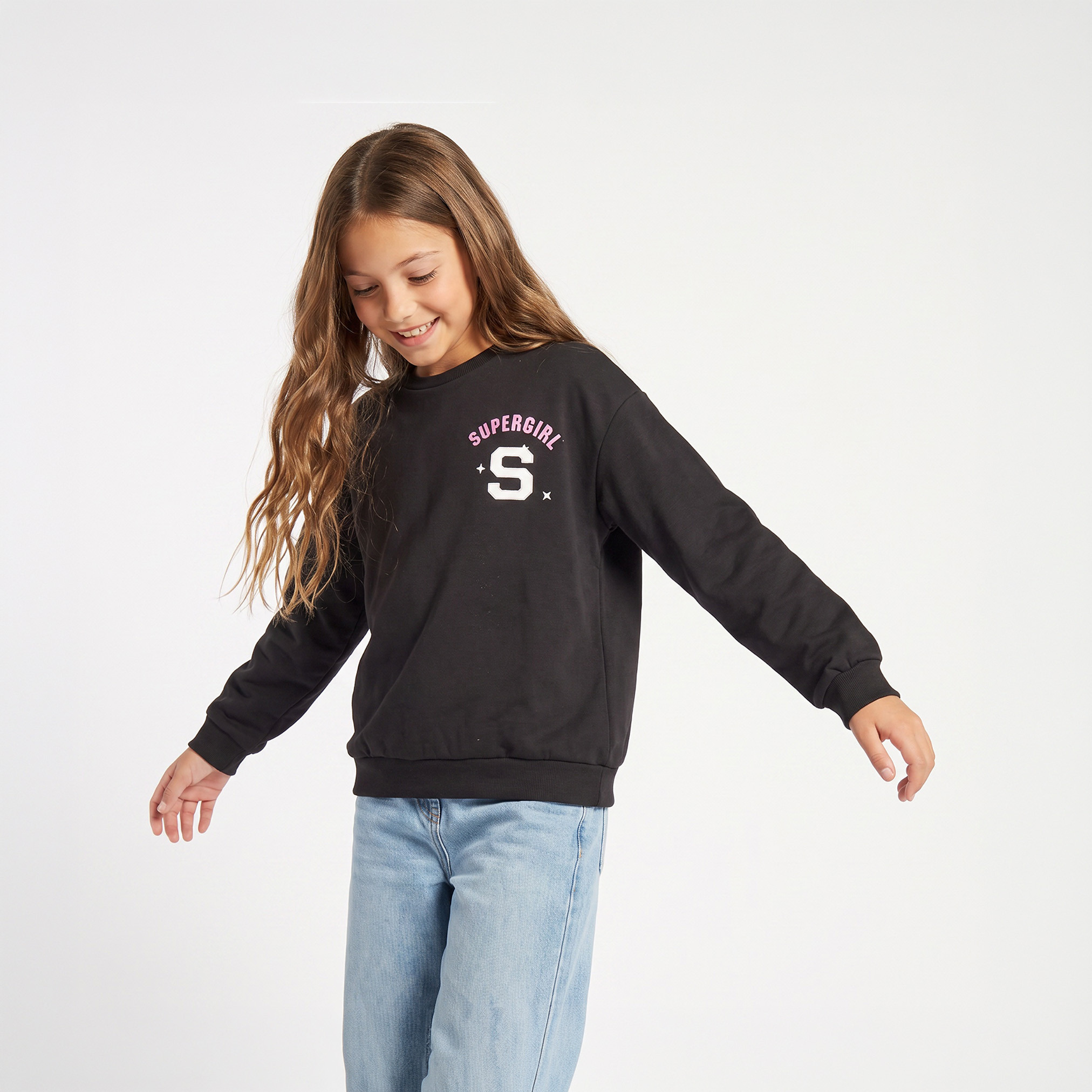 Supergirl Print Sweatshirt with Long Sleeves-girls-clothing-sweatshirts-image-1