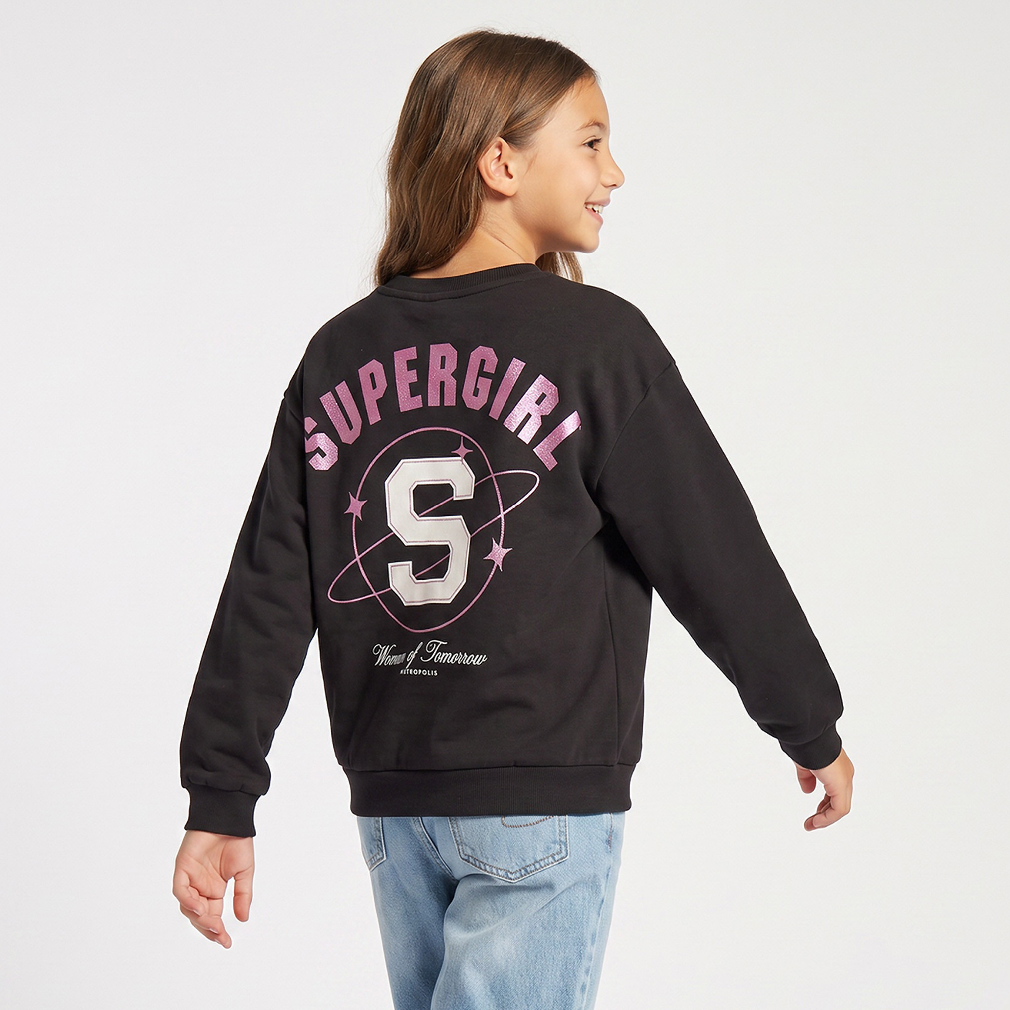 Supergirl Print Sweatshirt with Long Sleeves-girls-clothing-sweatshirts-image-3