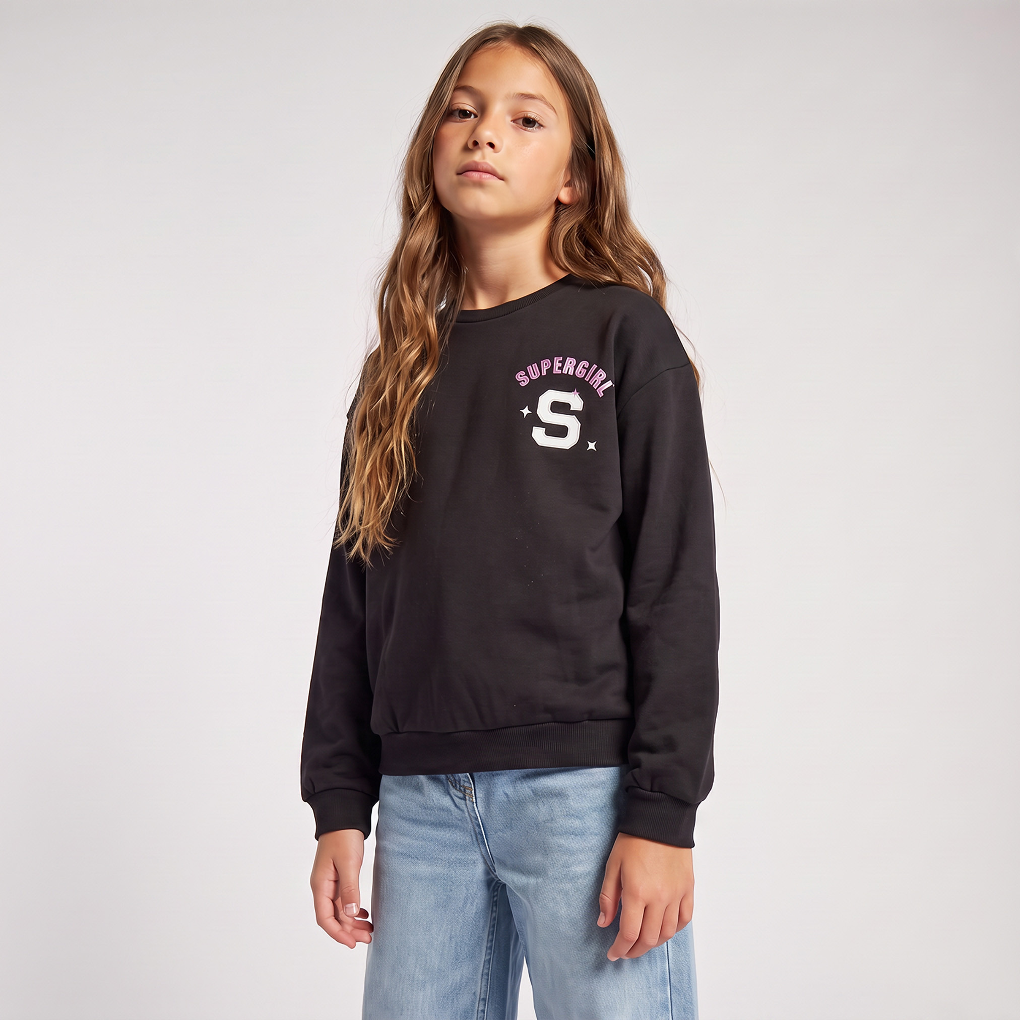Supergirl Print Sweatshirt with Long Sleeves-girls-clothing-sweatshirts-image-6