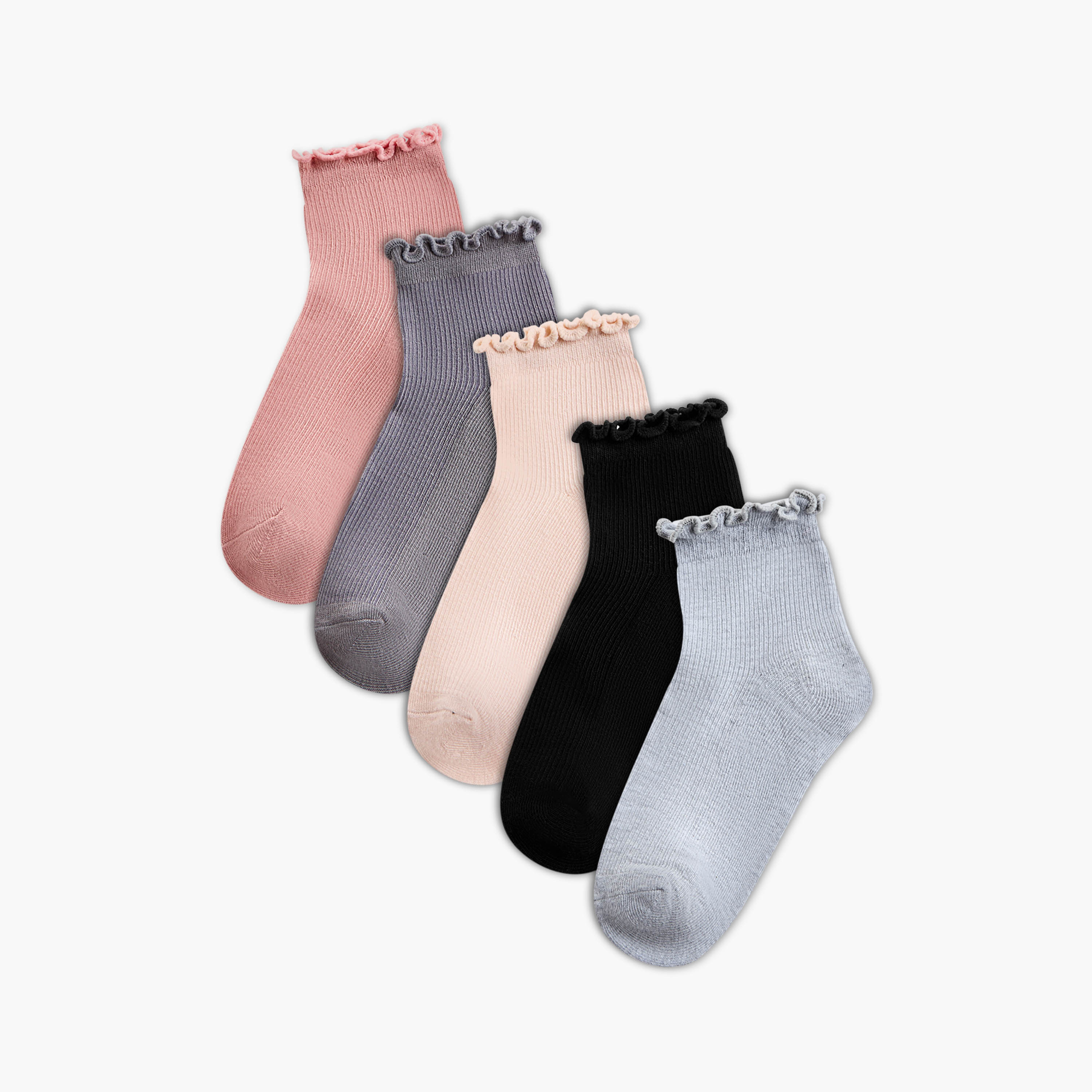 Gloo Textured Ankle Length Socks with Scalloped Hem - Set of 5-women-socksandstockings-image-1