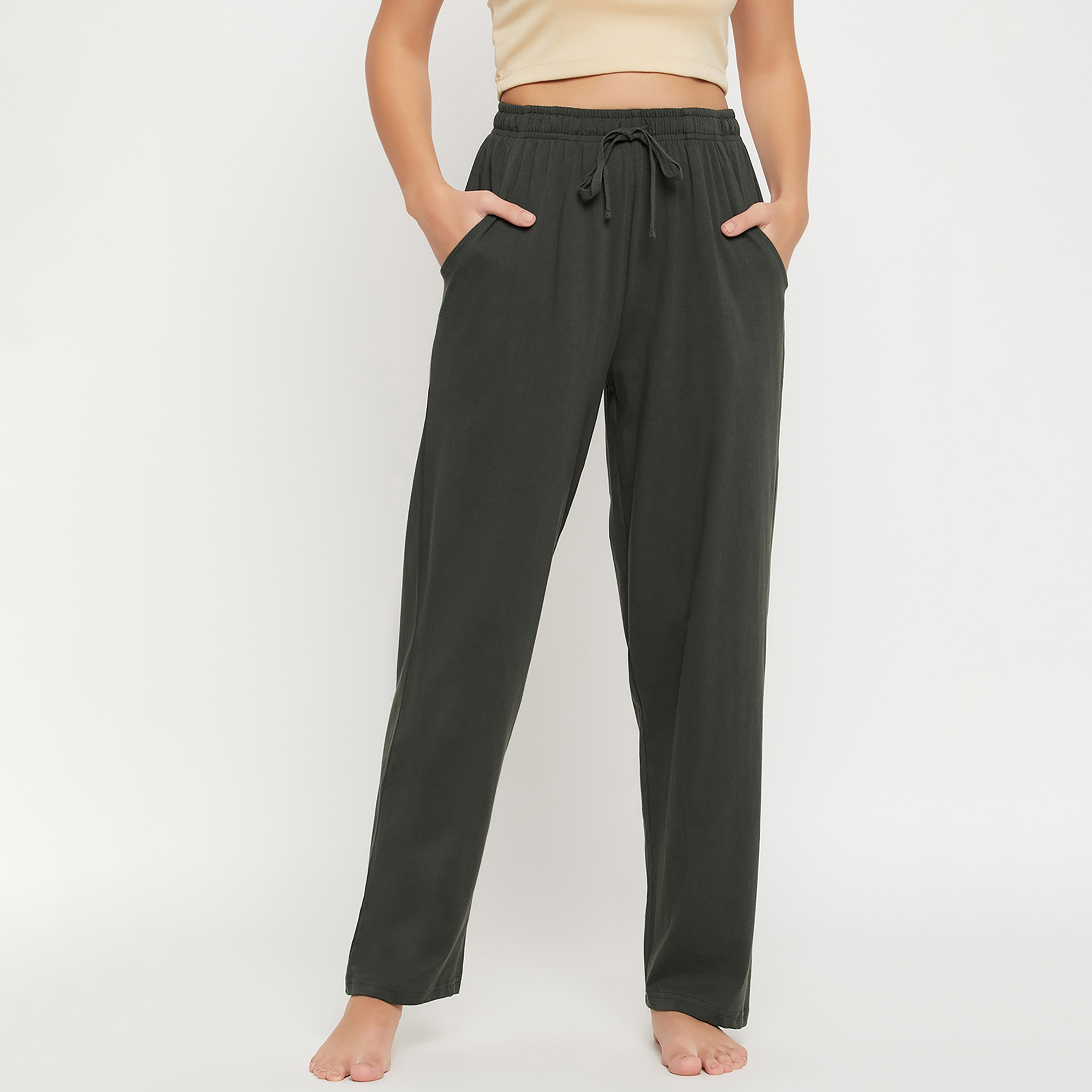 Clovia Chic Basic Women's Pyjama in Olive Green- Cotton Rich-women-clothing-nightwear-pyjamas-bottoms-image-1
