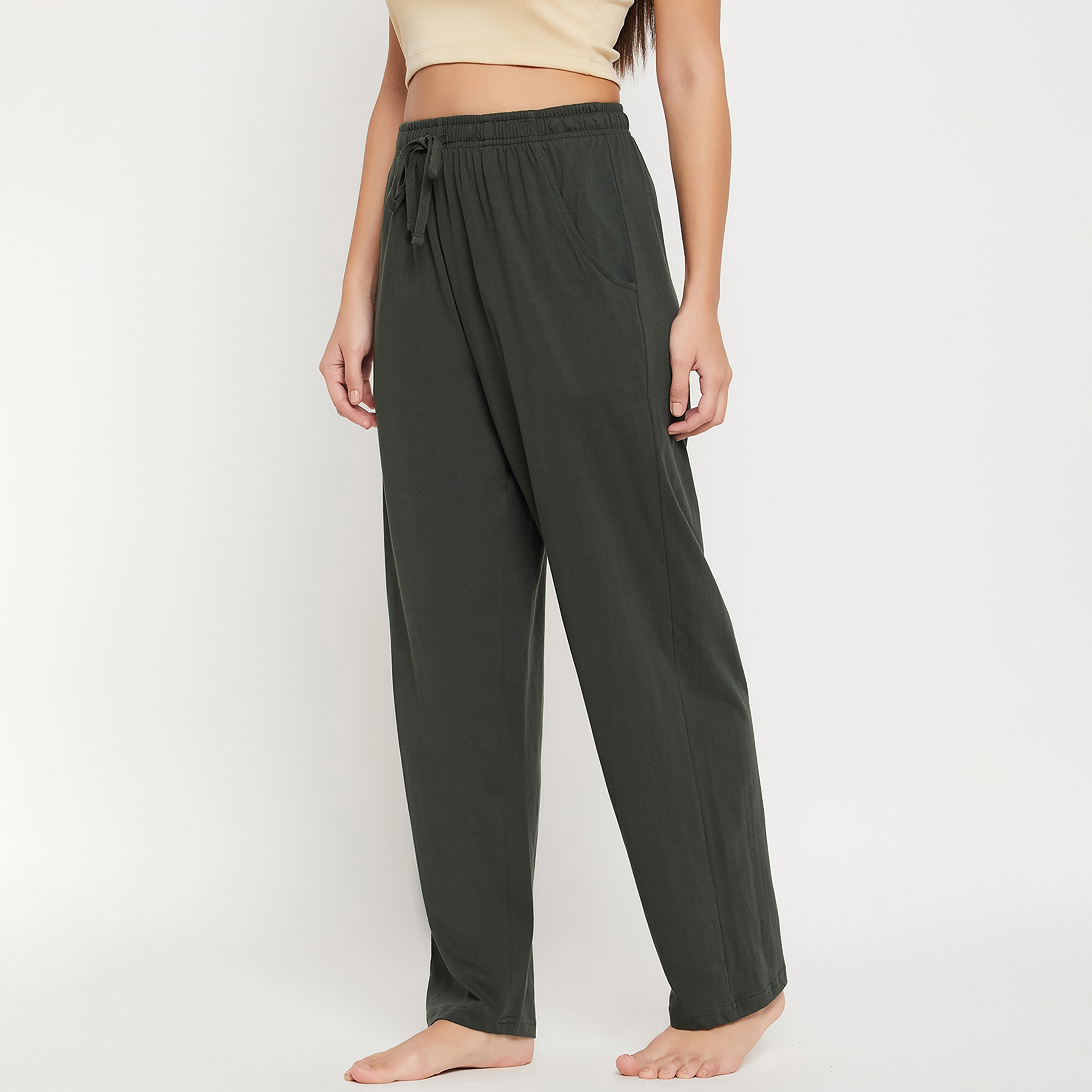 Clovia Chic Basic Women's Pyjama in Olive Green- Cotton Rich-women-clothing-nightwear-pyjamas-bottoms-image-3