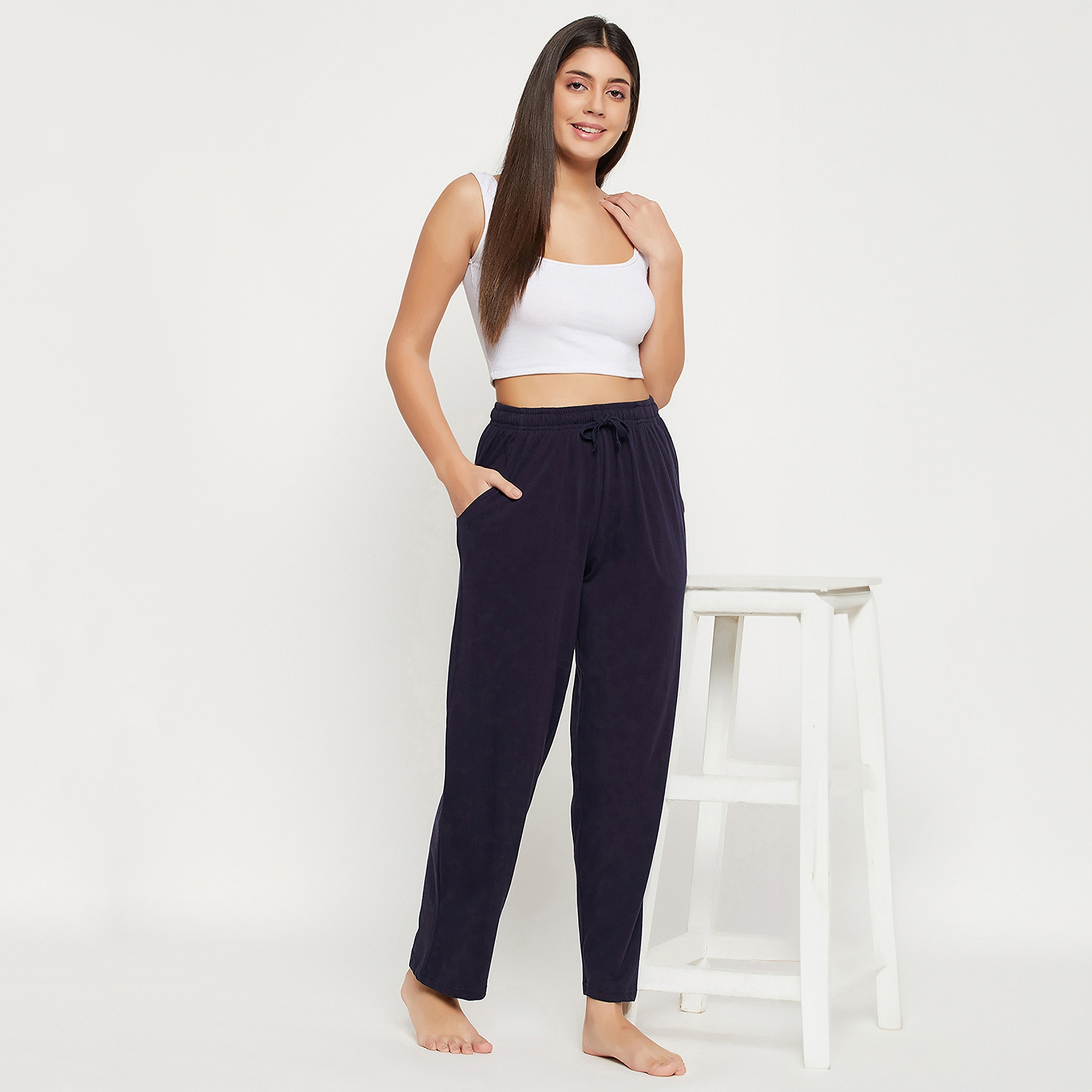 بيجامة نسائية بحزام خصر مطاطي ورباط باللون الأزرق الداكن من كلوفيا - غني بالقطن-women-clothing-nightwear-pyjamas-bottoms-image-2