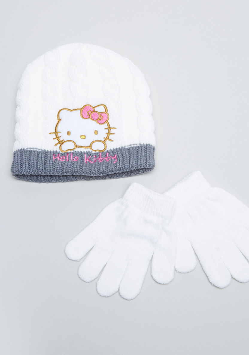 Hello Kitty Embroidered Applique Detail Beanie Cap with Gloves-Caps-image-0
