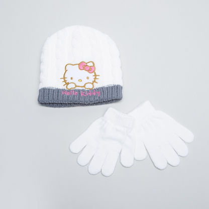 Hello Kitty Embroidered Applique Detail Beanie Cap with Gloves