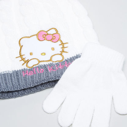 Hello Kitty Embroidered Applique Detail Beanie Cap with Gloves