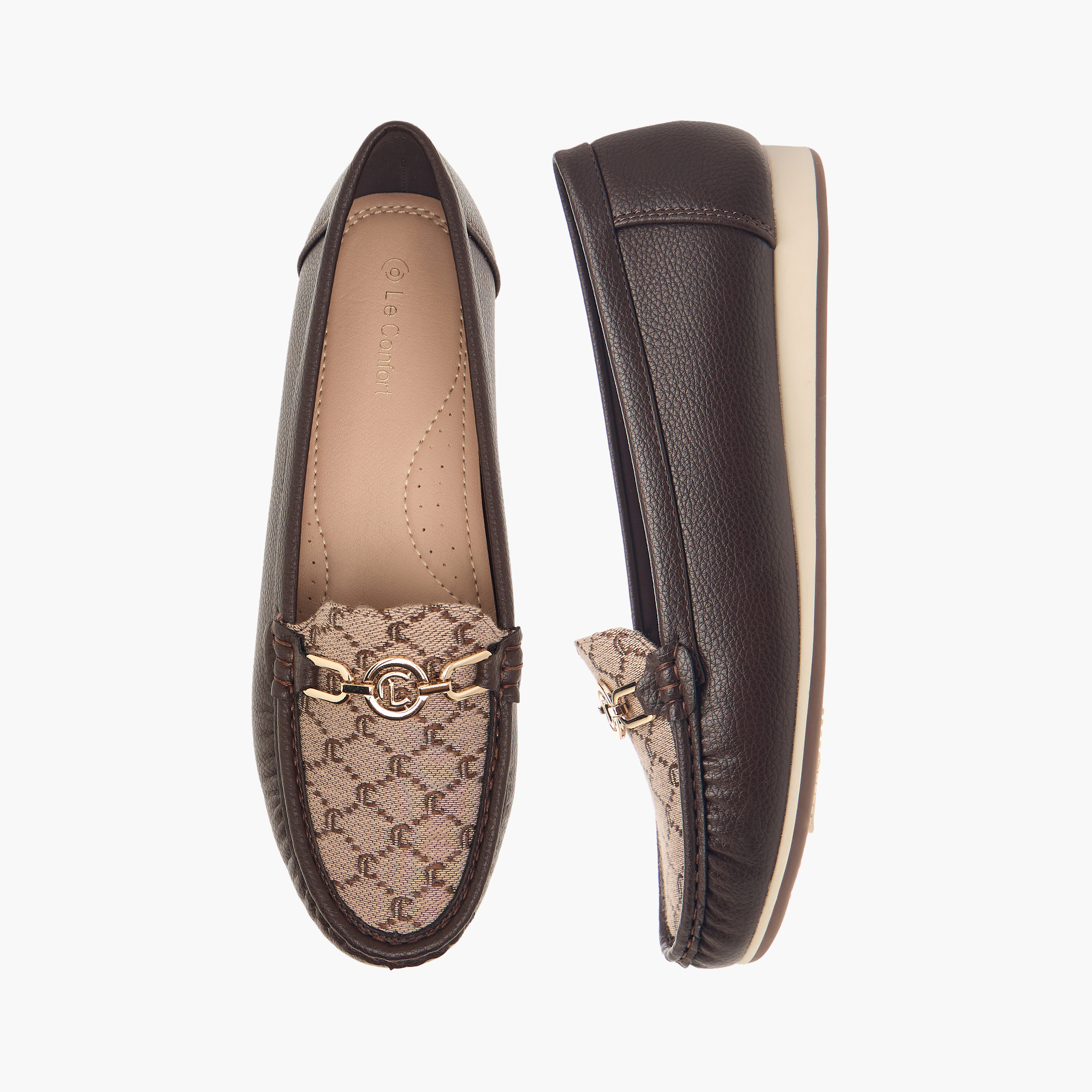 Le Confort Monogram Textured Slip-On Loafers with Metallic Accent-women-shoes-flats-loafers-image-1