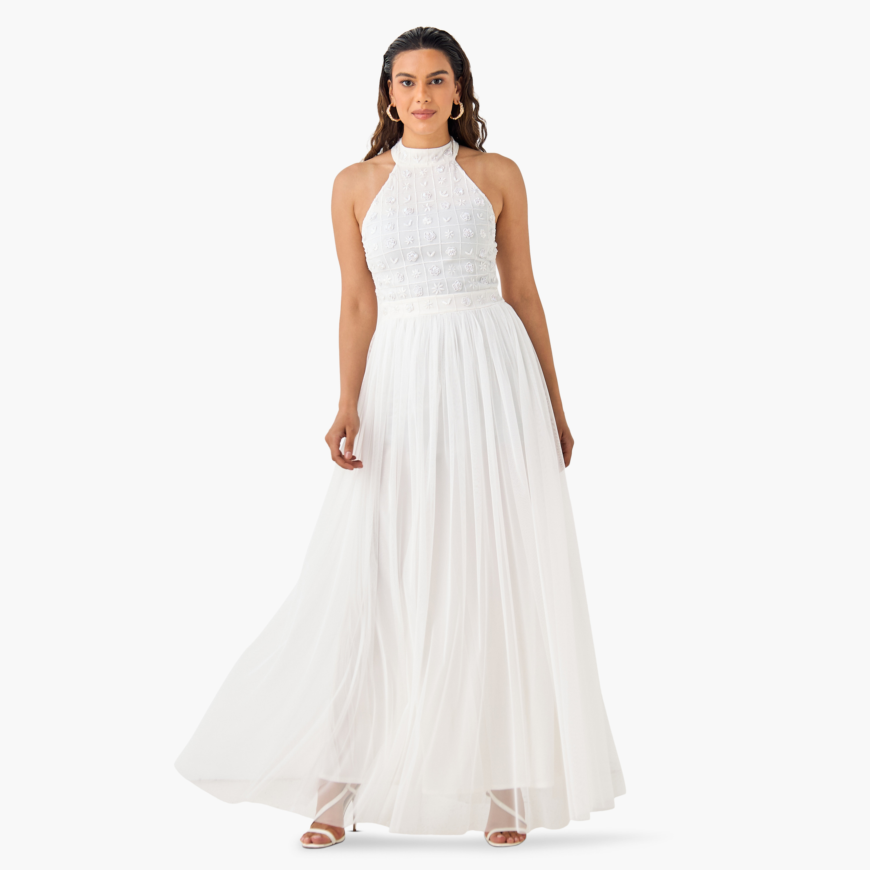 Lace & Beads Embroidered Halter Dress with Zip Closure-women-clothing-dresses-image-1