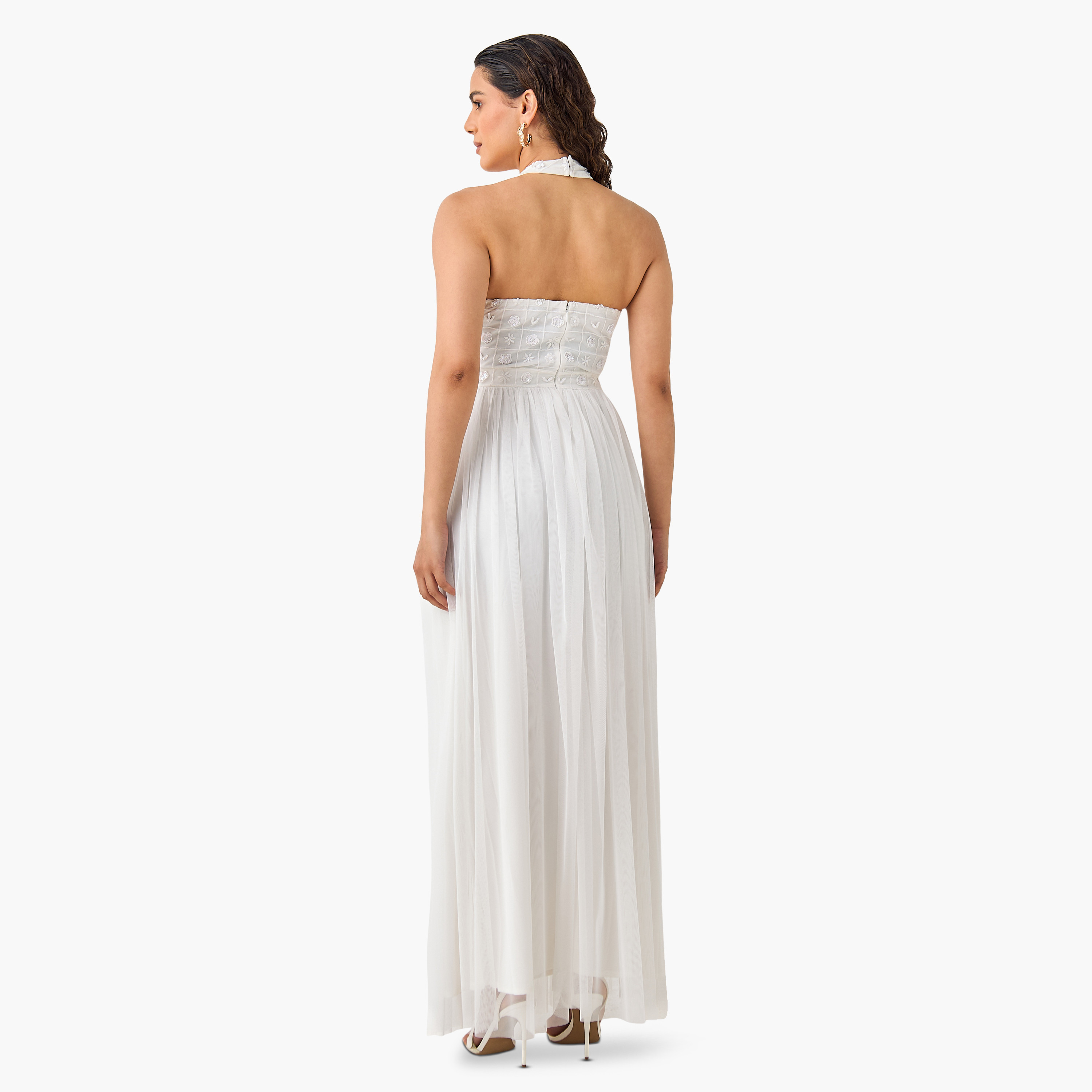 Lace & Beads Embroidered Halter Dress with Zip Closure-women-clothing-dresses-image-2