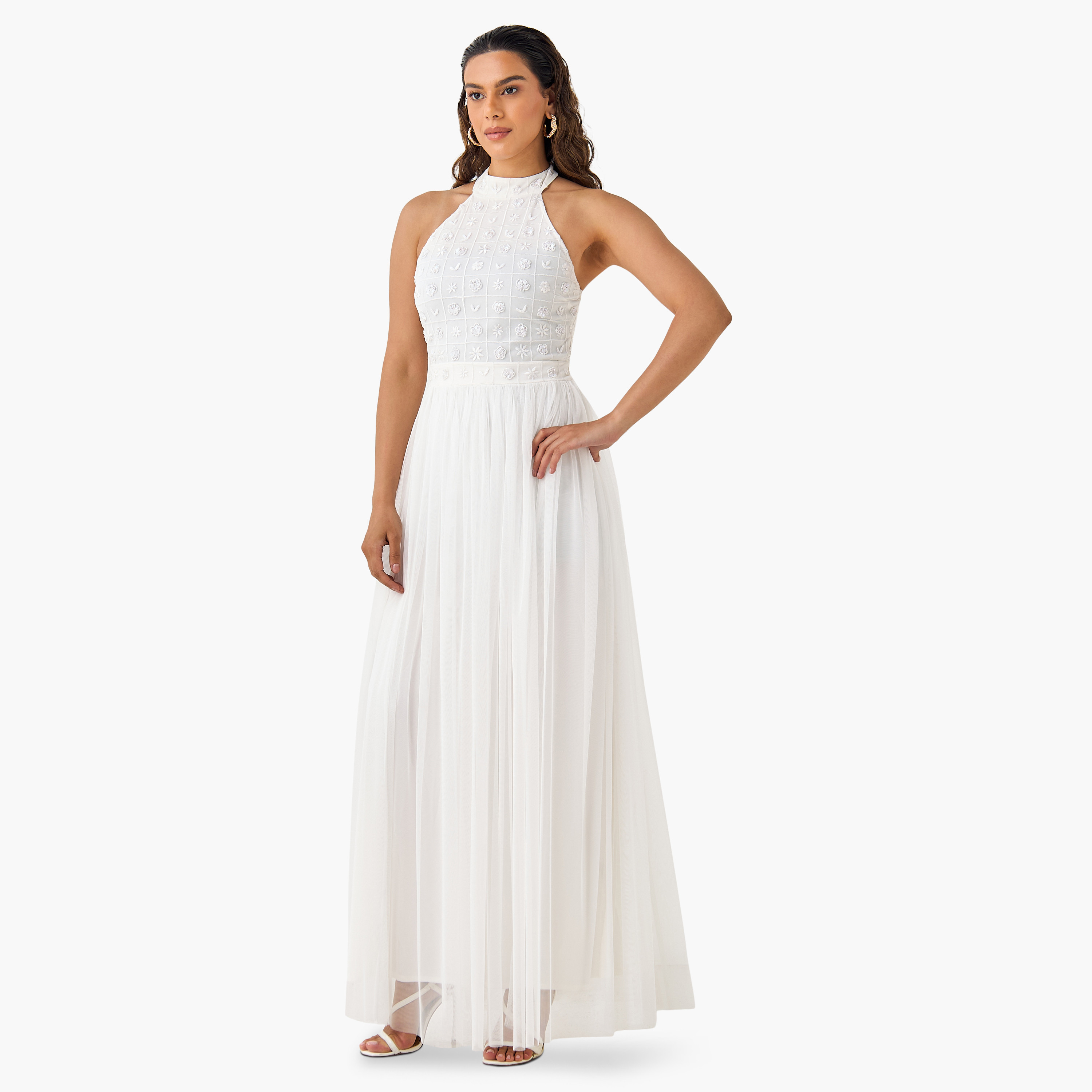 Lace & Beads Embroidered Halter Dress with Zip Closure-women-clothing-dresses-image-3