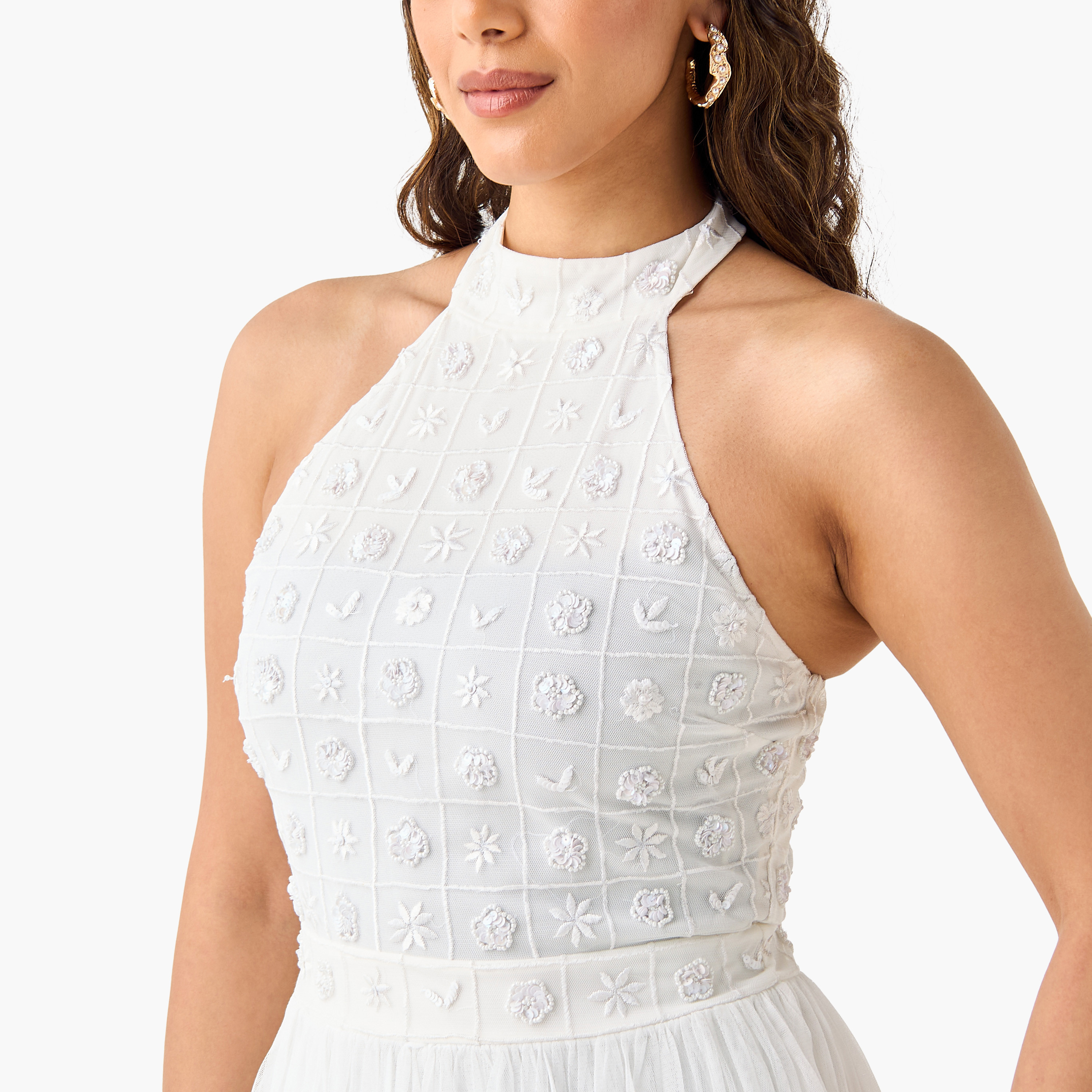 Lace & Beads Embroidered Halter Dress with Zip Closure-women-clothing-dresses-image-4