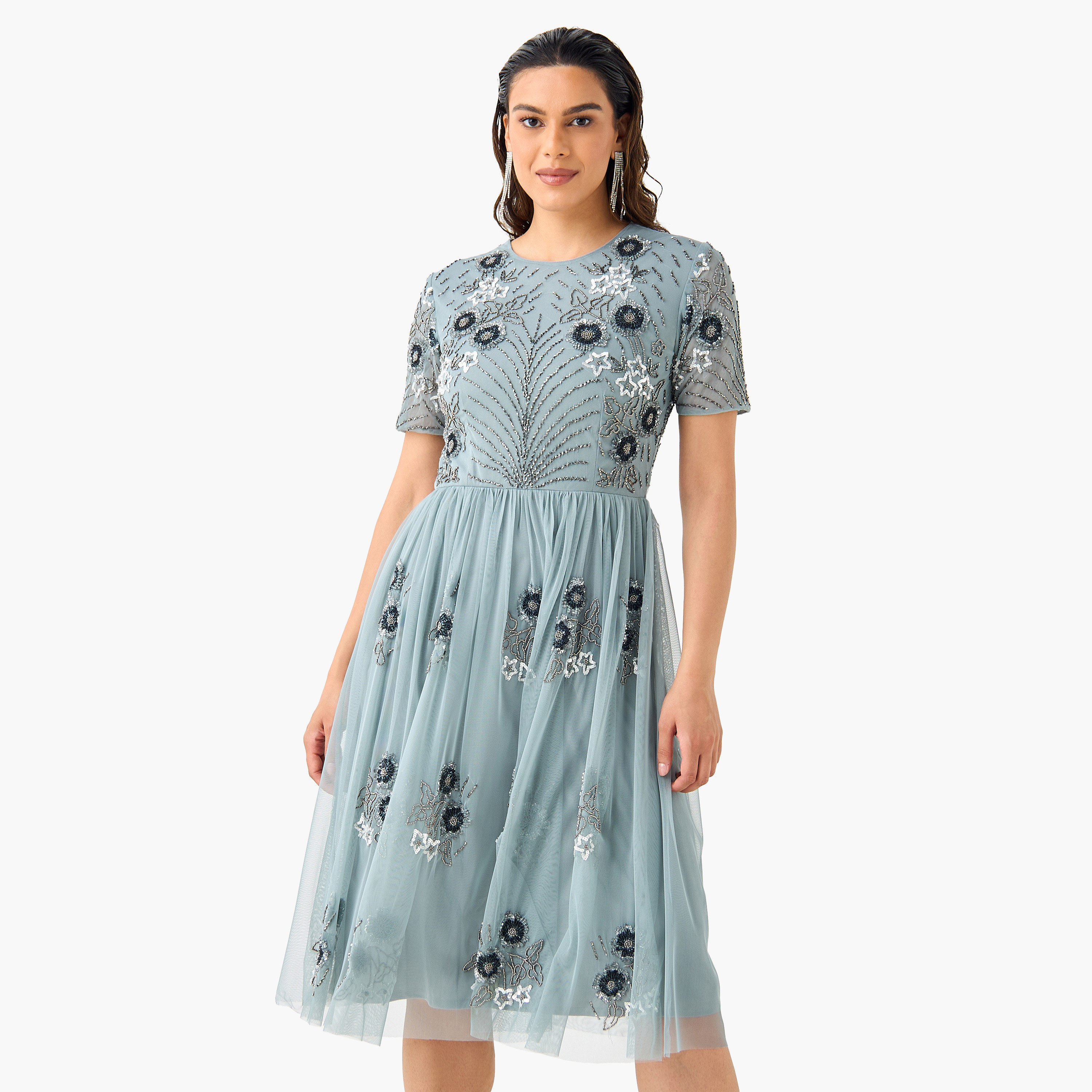 Lace & Beads All-Over Embellished Dress with Short Sleeves-women-clothing-dresses-image-1