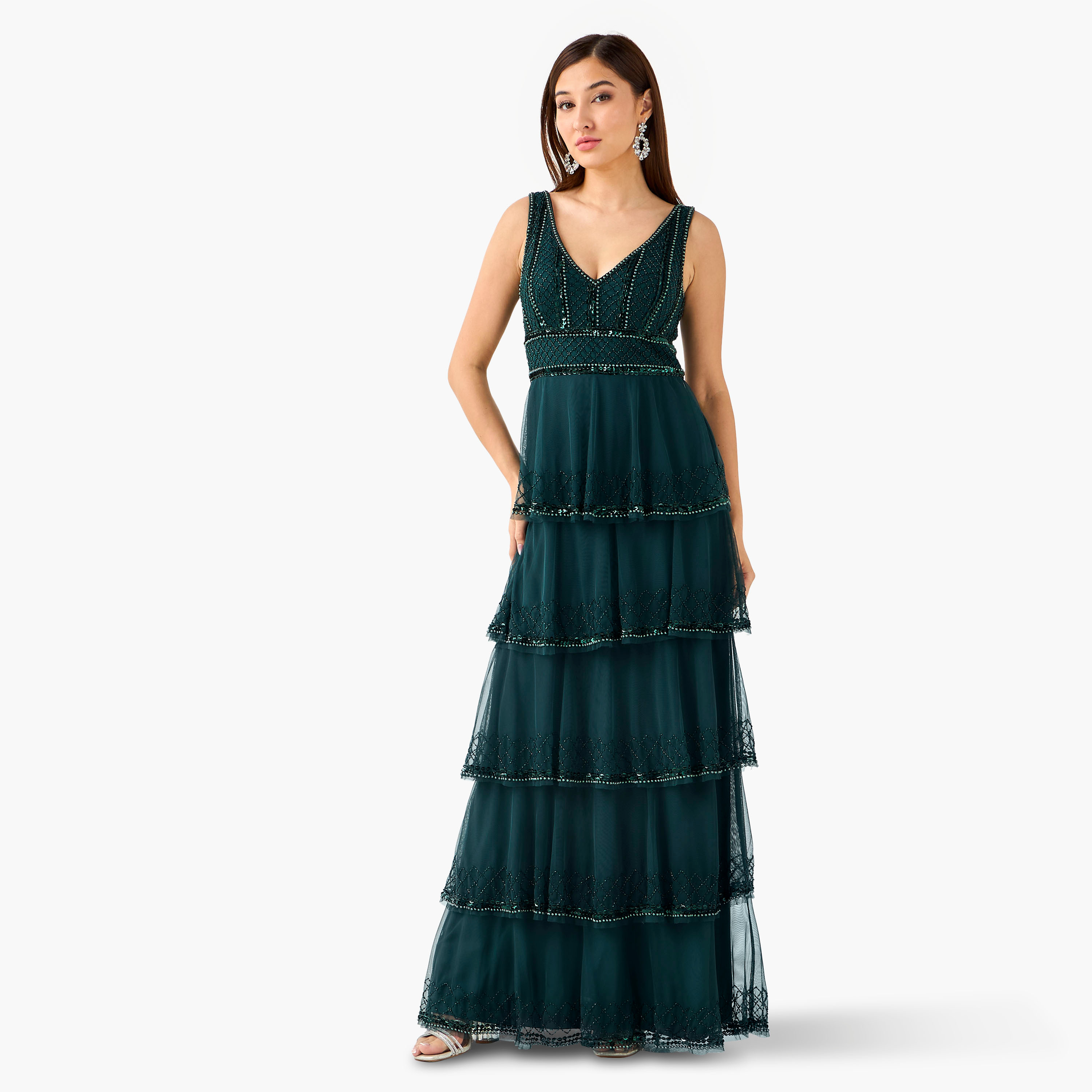 فستان مزين متعدد الطبقات بياقة V للنساء من ليس آند بيدز-women-clothing-dresses-image-1