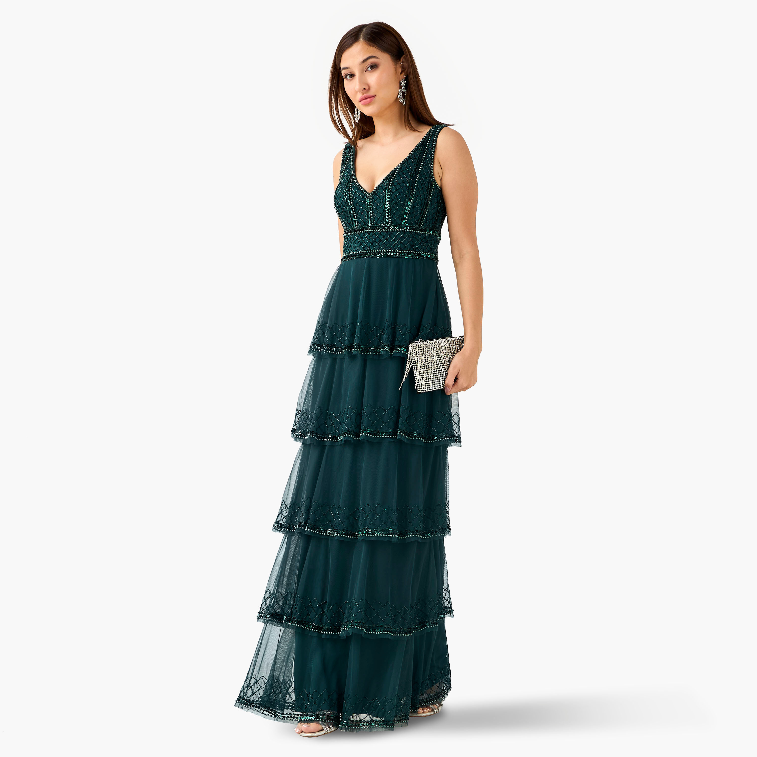 فستان مزين متعدد الطبقات بياقة V للنساء من ليس آند بيدز-women-clothing-dresses-image-2