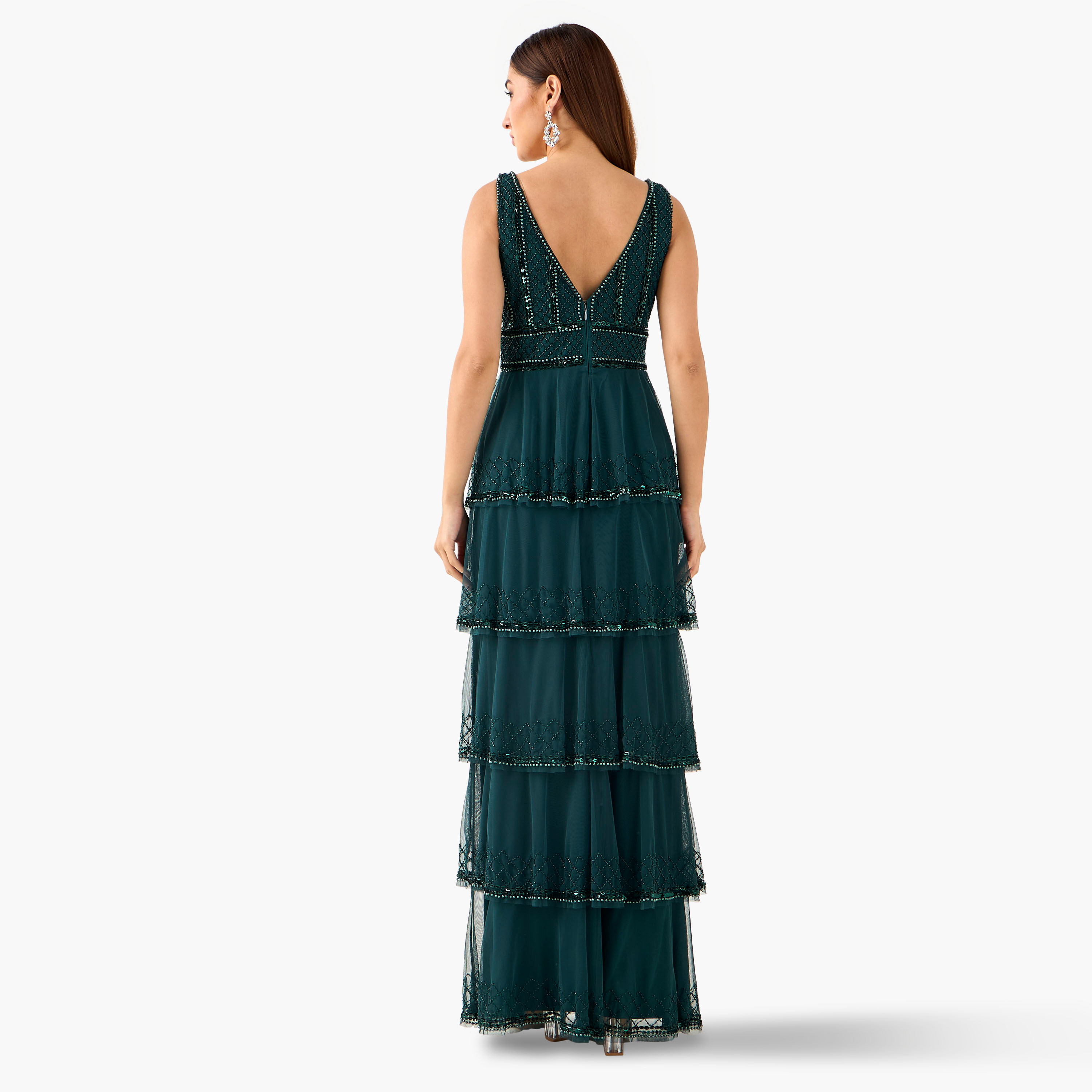 Lace & Beads Embellished Tiered Women Dress with V-neck-women-clothing-dresses-image-3
