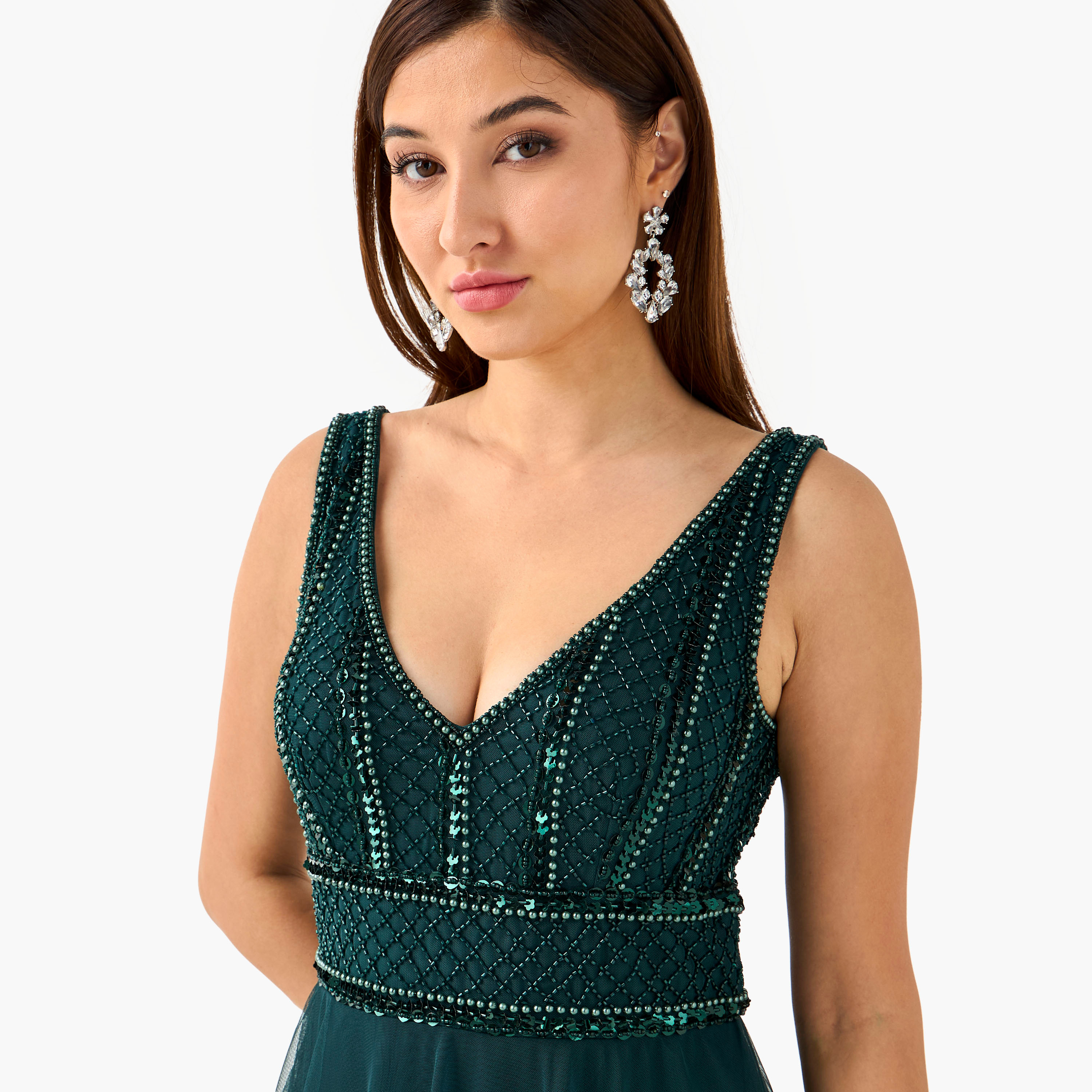 Lace & Beads Embellished Tiered Women Dress with V-neck-women-clothing-dresses-image-4