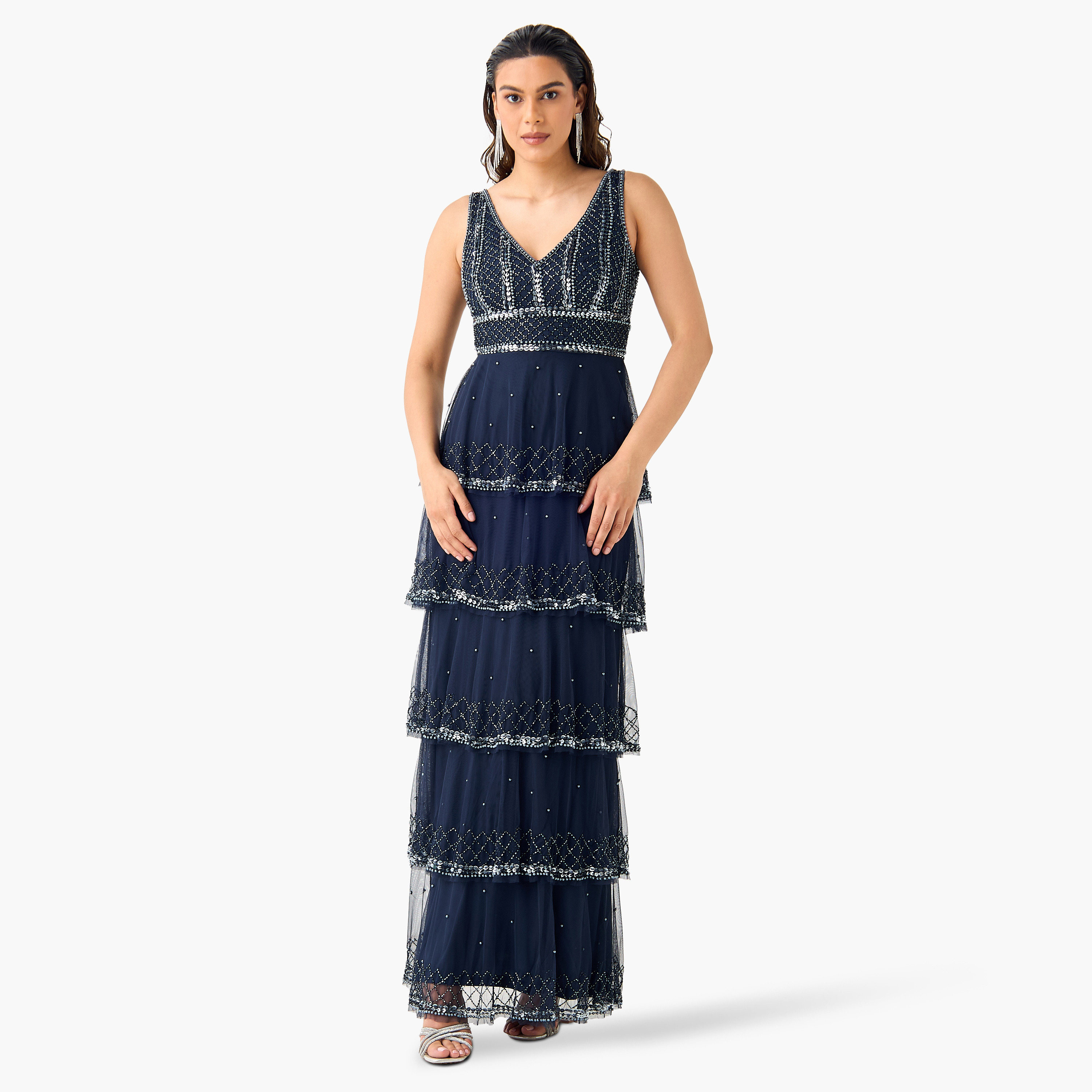 Lace & Beads All-Over Embellished V-neck Sleeveless Dress-women-clothing-dresses-image-2