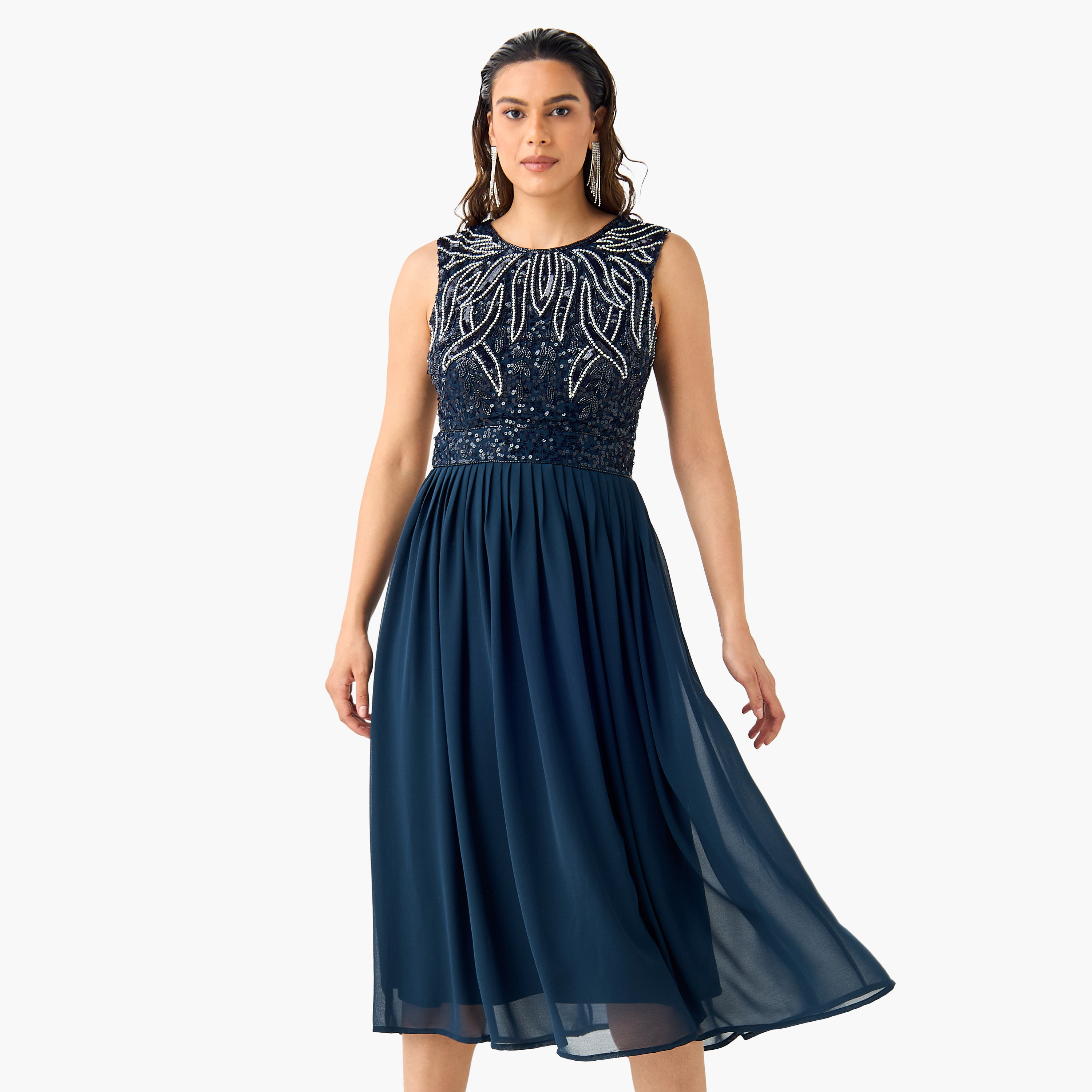 Lace & Beads Embellished Sleeveless Dress with Cutout Back-women-clothing-dresses-image-1