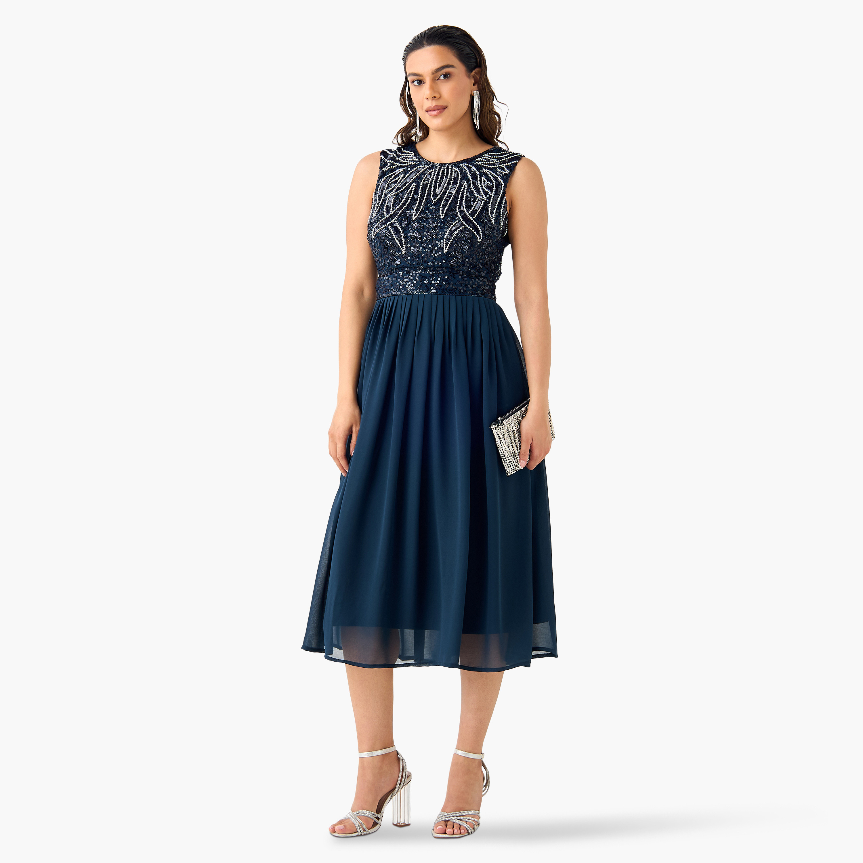 Lace & Beads Embellished Sleeveless Dress with Cutout Back-women-clothing-dresses-image-2
